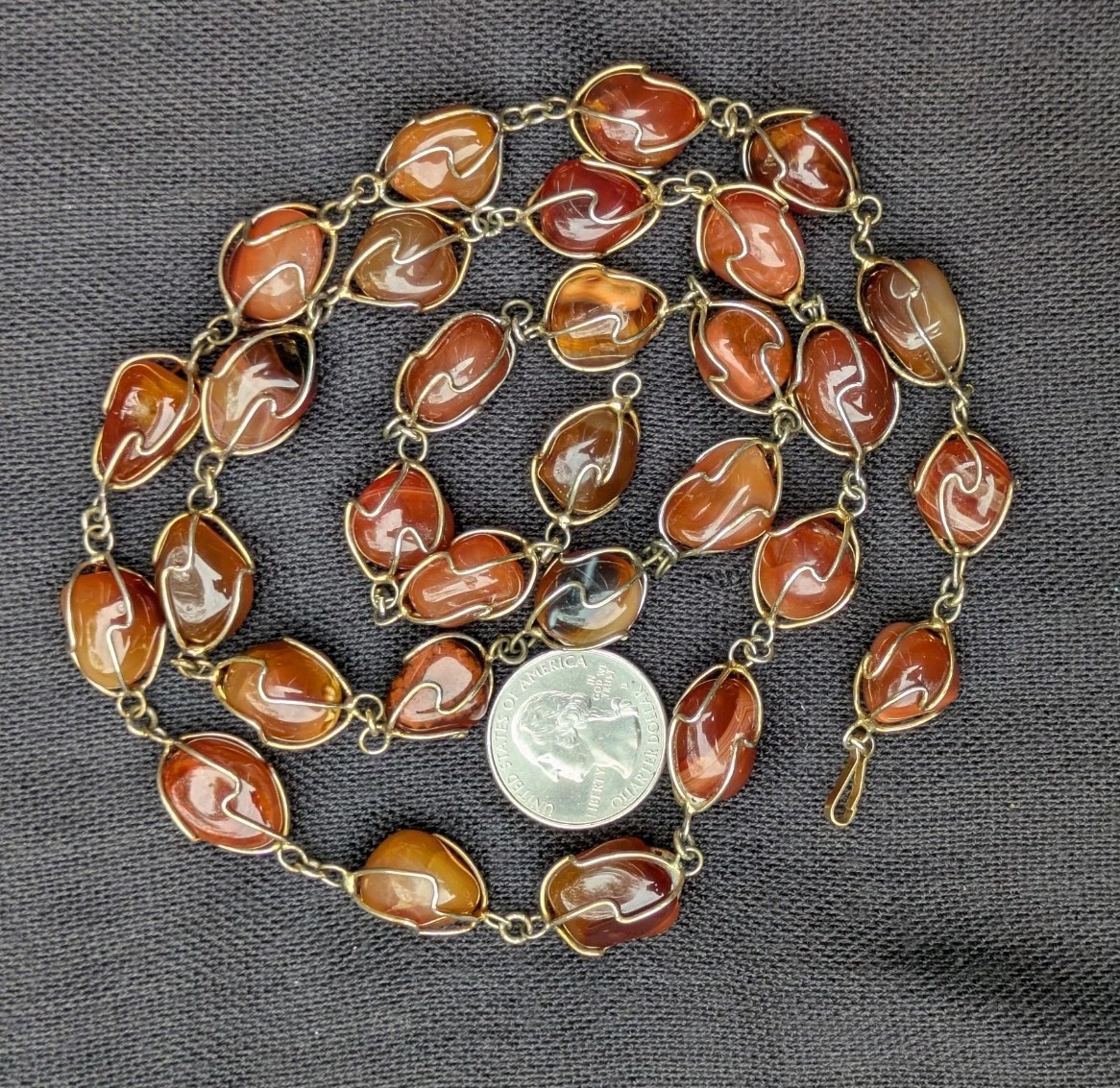 Wire Wrapped Tumbled Banded Agate 32.5″ Necklace ~ Red Orange Brown Gemstone F19