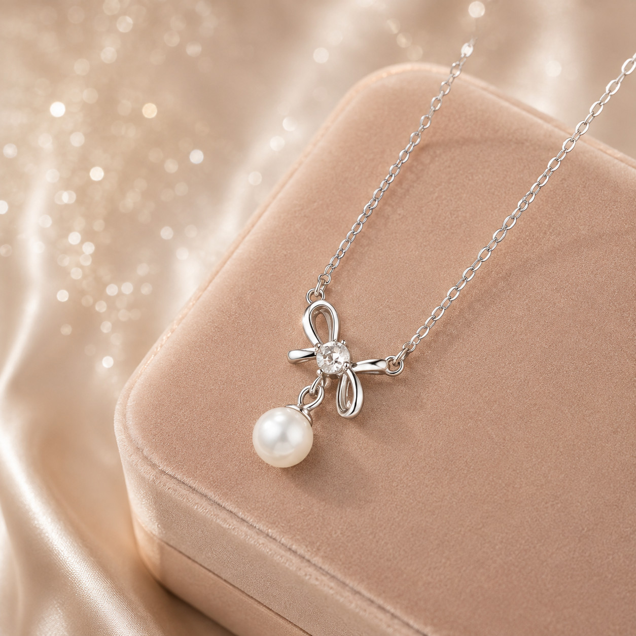 S925 Sterling Silver Bow Necklace White French Pearl CZ Pendant 40-45cm