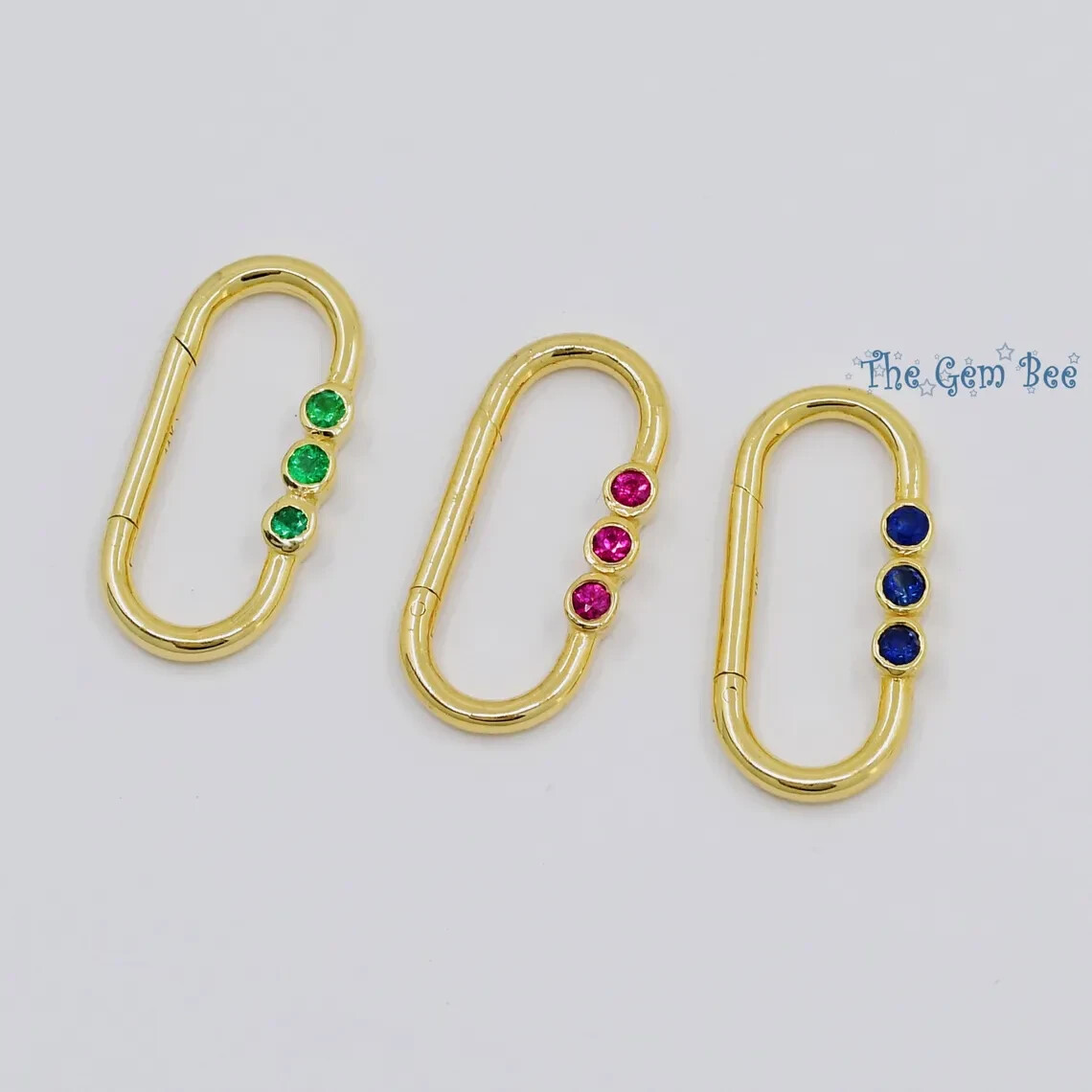 10mmx21.5mm 14K Yellow Gold Blue Sapphire Charm Holder Snap Lock Carabiner