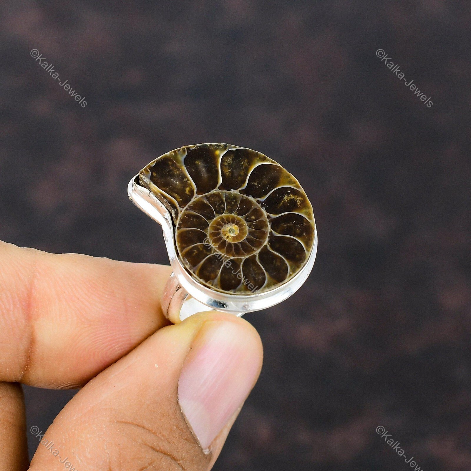 Natural Ammonite Fossil Gemstone Statement Adjustable Ring 925 Sterling Silver