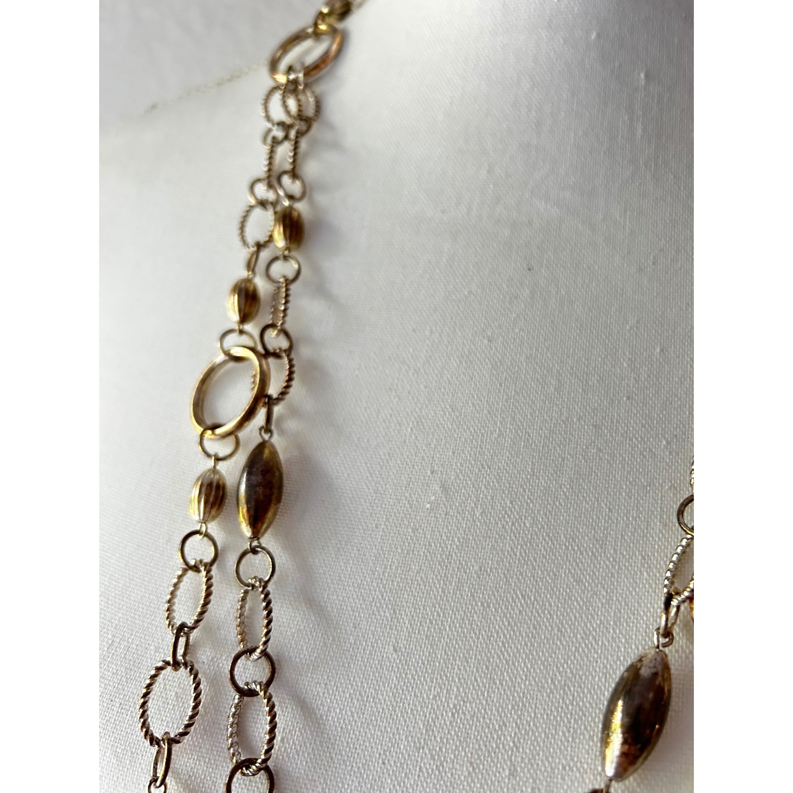 Gold Tone Layered Chain Necklace Boho Textured Circle Oval Links Adjustable 33in