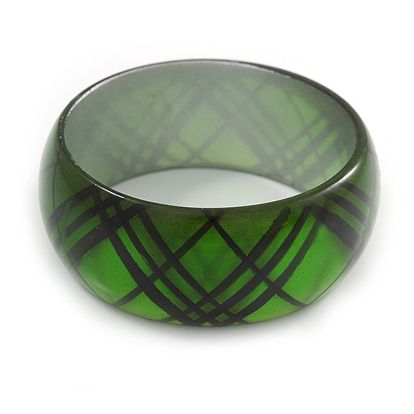 Tartan Pattern Acrylic Bangle Bracelet/ Green/ Black/ Medium -18cm Length