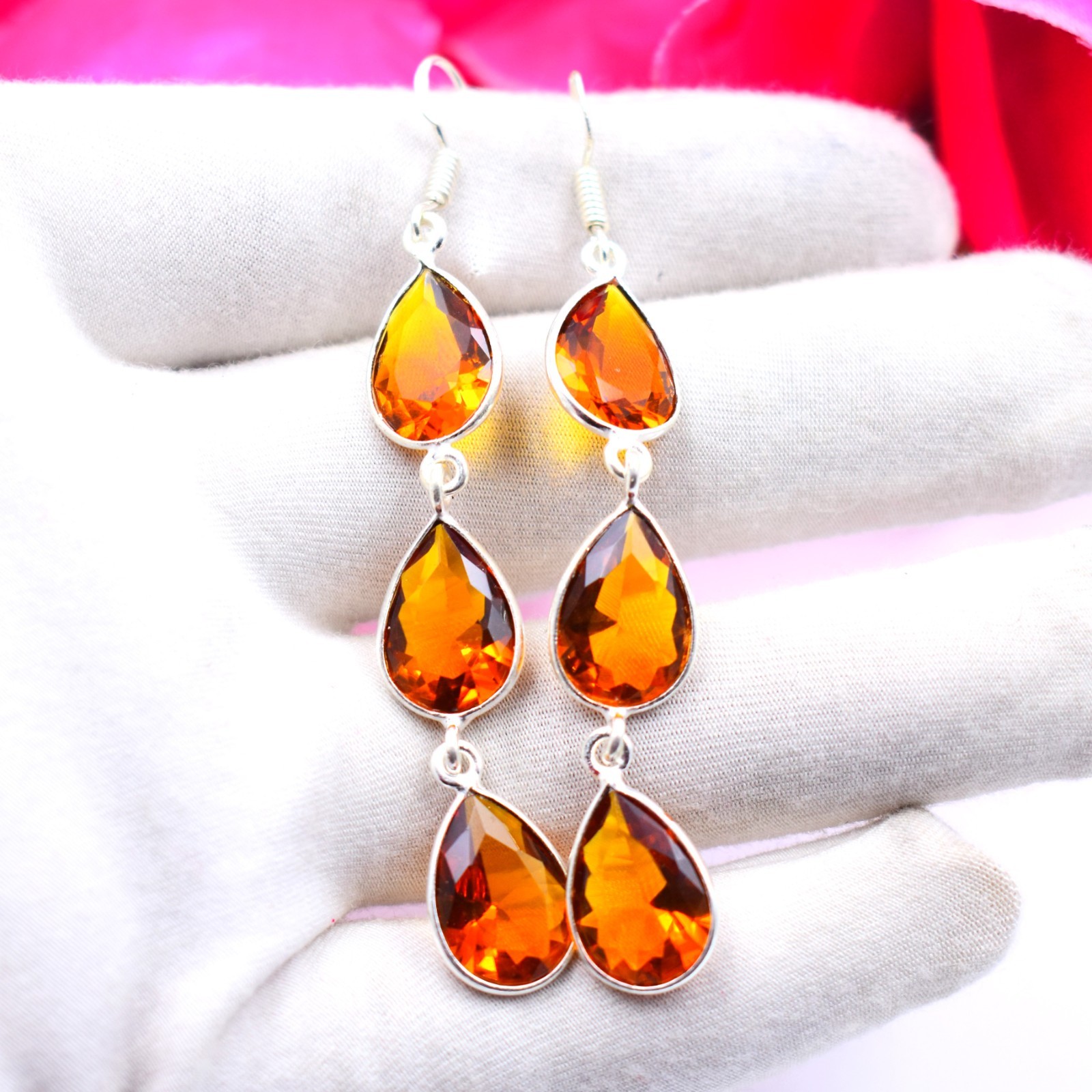 Hessonite Gemstone Handmade 925 Sterling Silver Jewelry Earring Size-2.75″