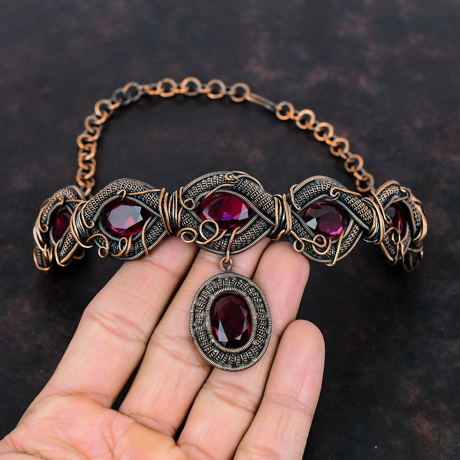 Gift For Her Rubellite Wire Wrapped Chain Adjustable Necklace Copper 18.0″