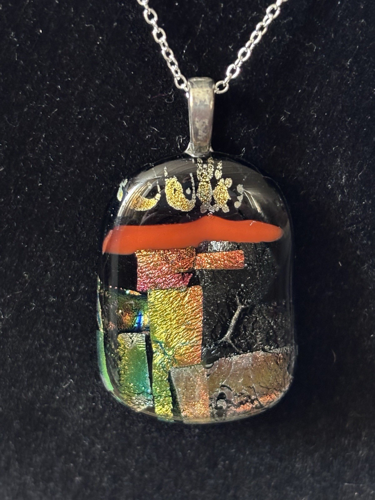 Handmade Dichroic Fused Art Glass Pendant Necklace Black Multicolour Abstract