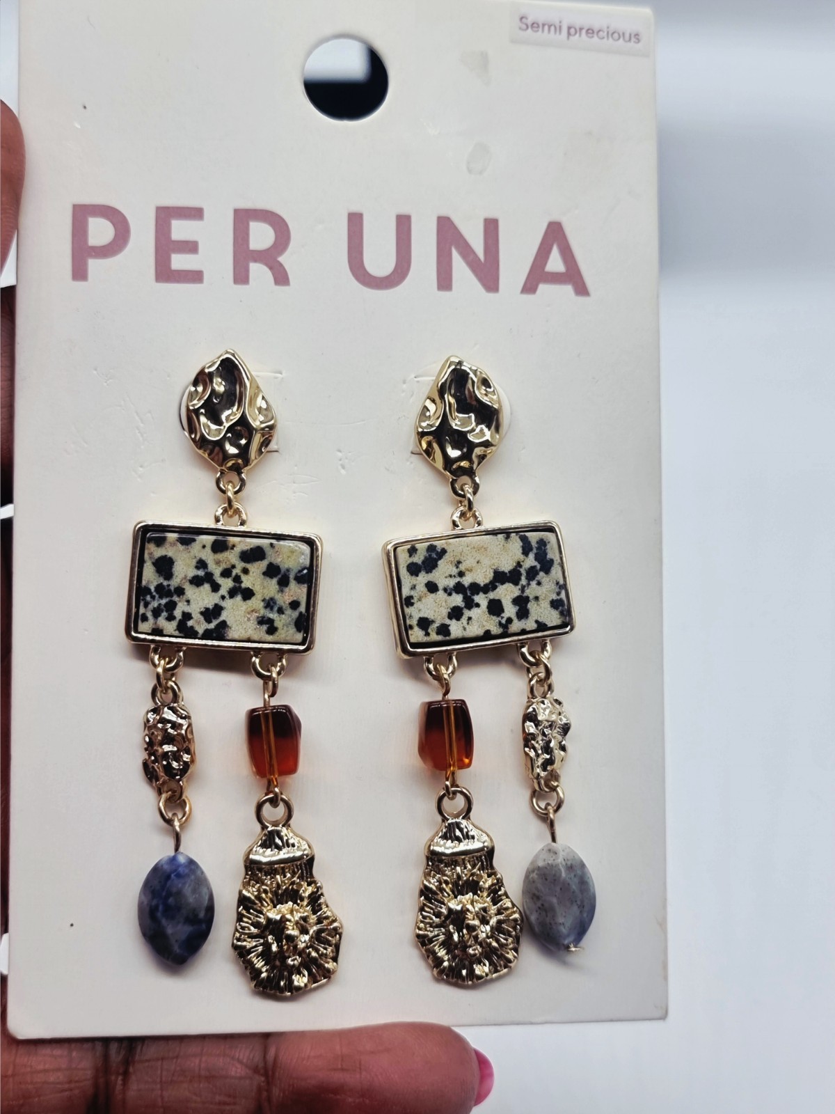 Per Una M&S Multi-Stone Chandelier Drop Earrings Dalmatian Jasper Sodalite 7cm