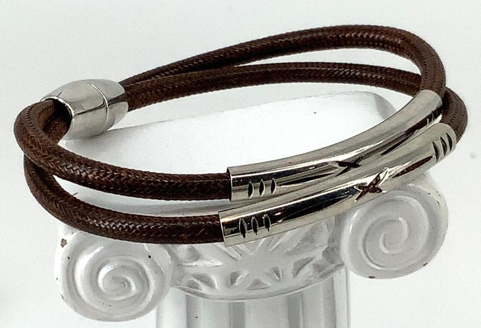 Vintage Brown Braided Cord Silvertone Southwestern Double Strand Wrap Bracelet