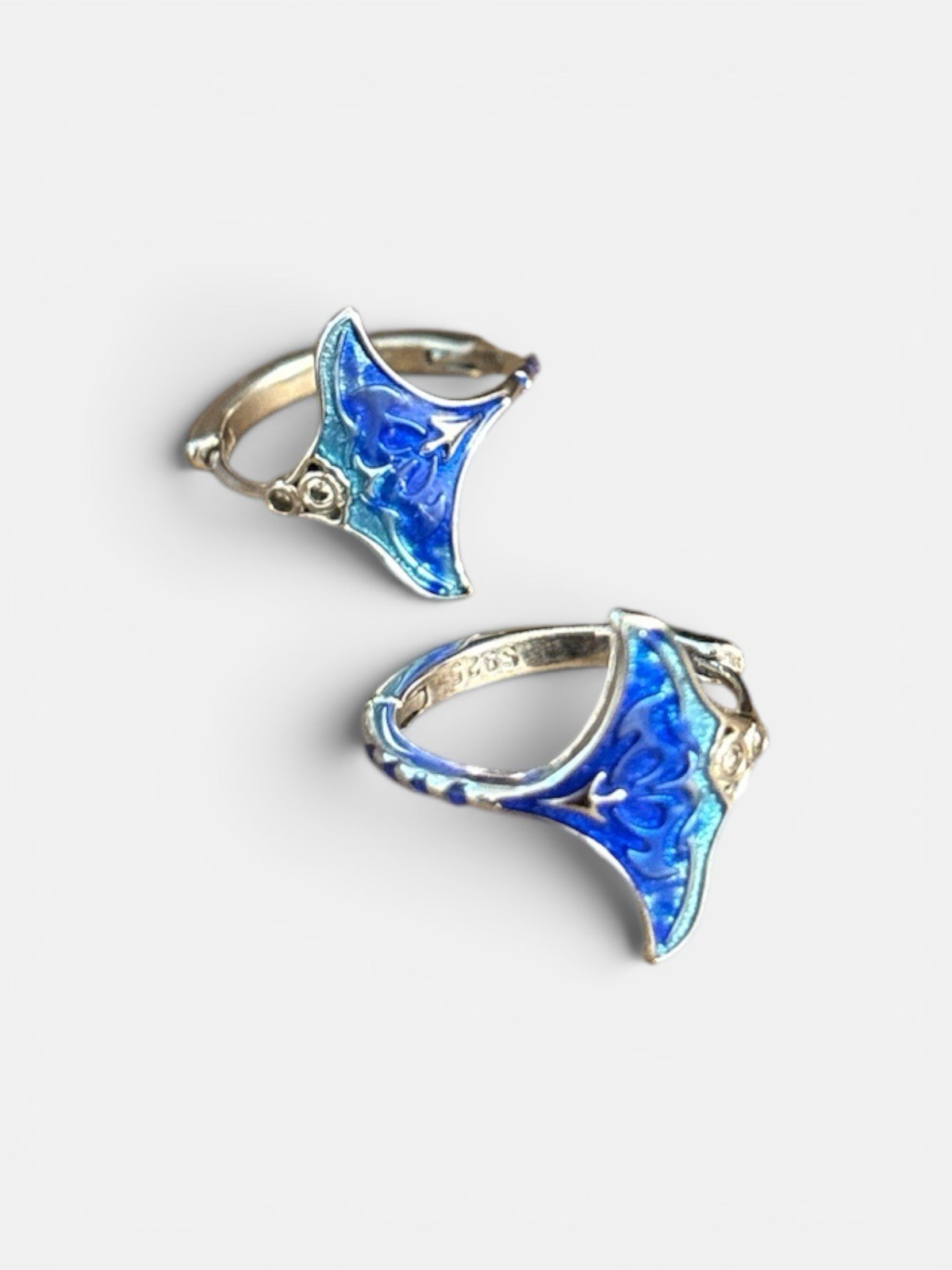 Blue/Silver Enamelled Manta Ray Huggie Hoop Earrings, Hinged Closure