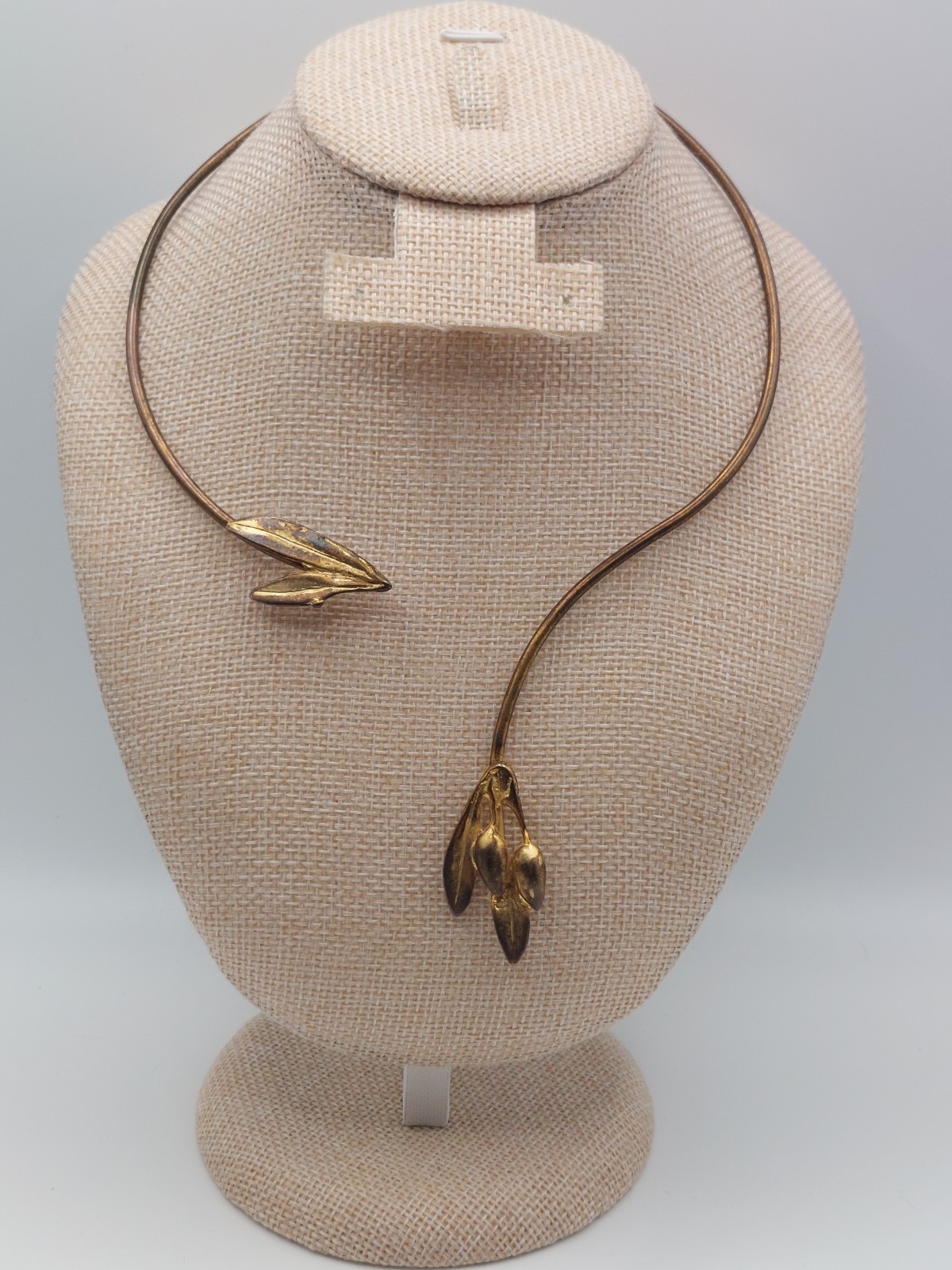 Open Front Gold Torque Collar Necklace Vintage Leaf Earthy Boho Nature Romantic
