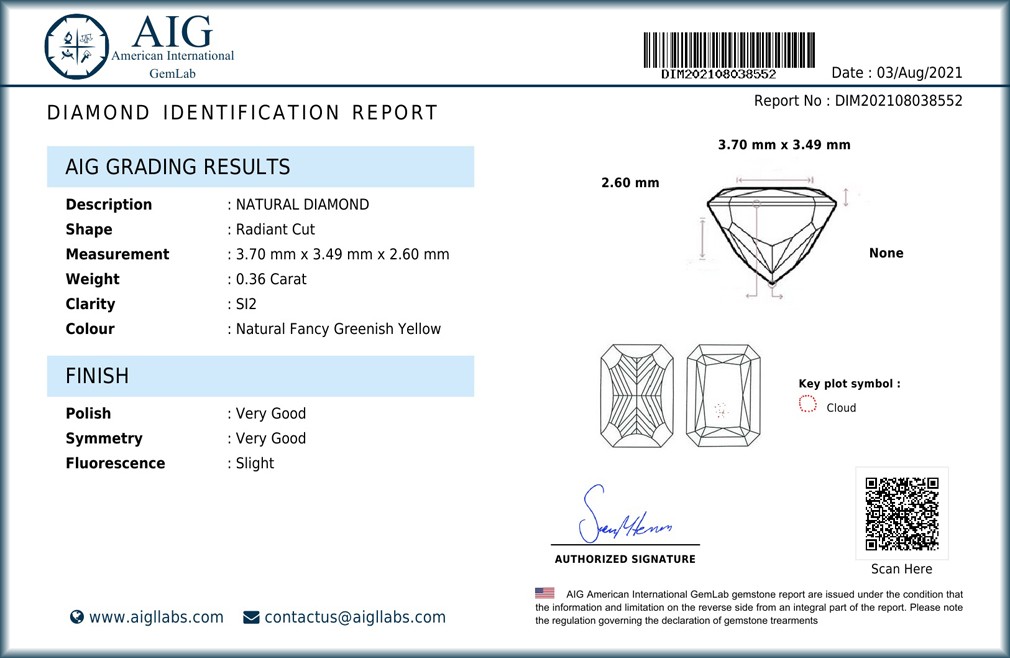 0.36 ct AIG Certified Fancy Greenish Yellow Radiant (4 x 3 mm) Natural Diamond