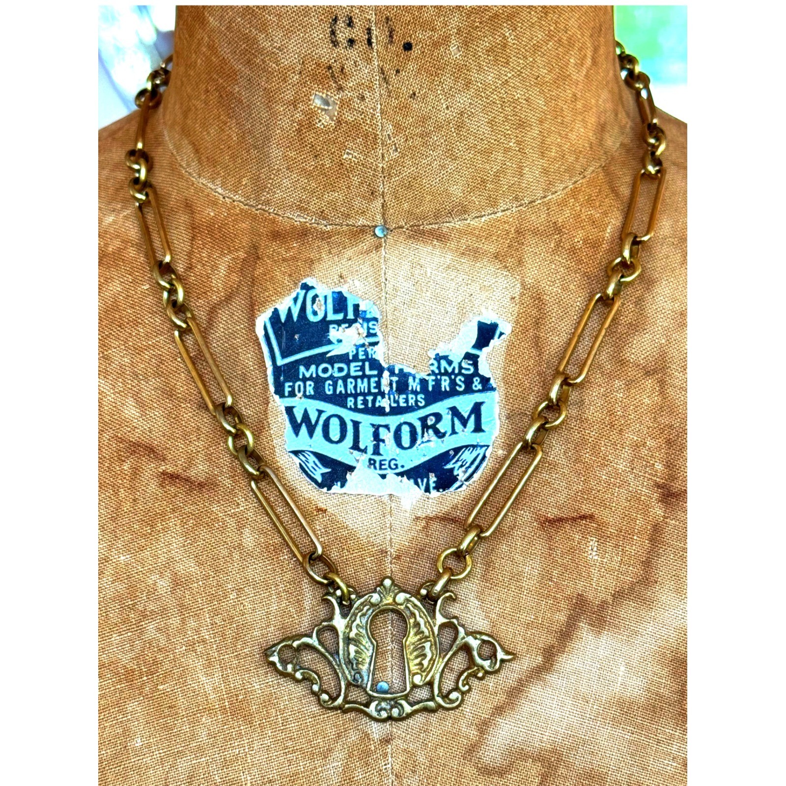 Antique Brass Keyhole Necklace | Raw Brass Paperclip Chain