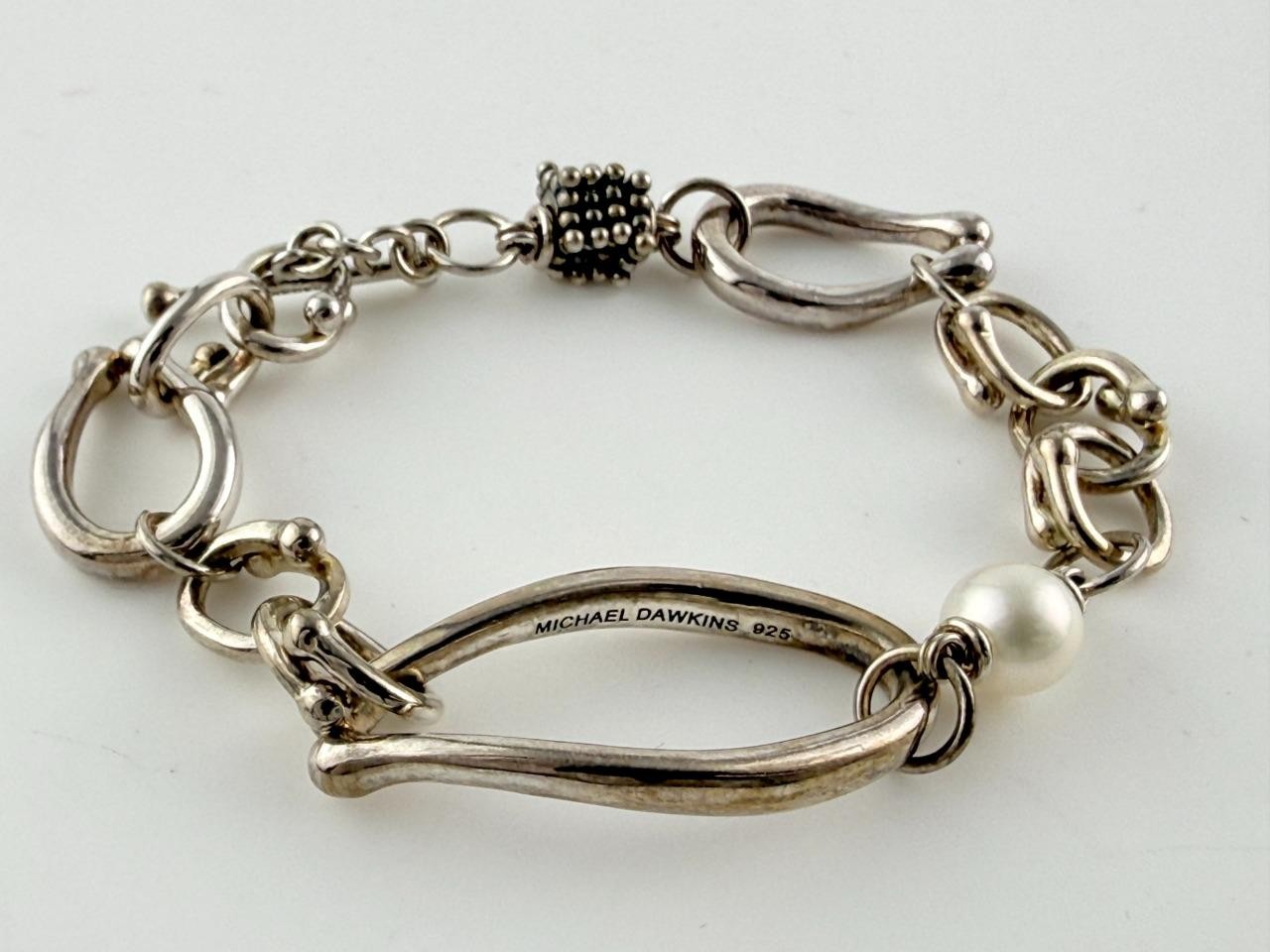 Michael Dawkins Sterling Silver Horsebit Chain Pearl Bracelet 6.5 Inch Length