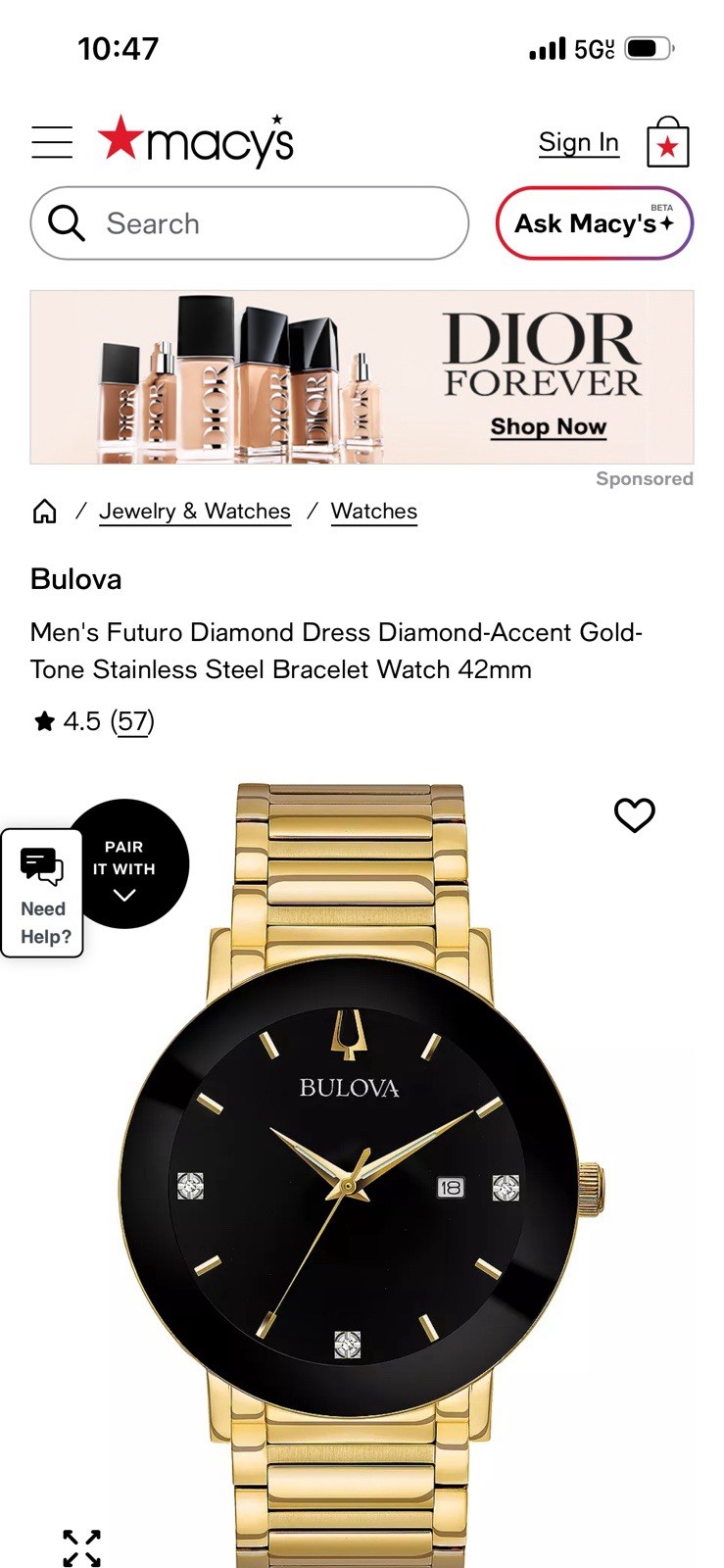 Bulova Men’s Diamond Accent Black Dial Gold-Tone Bracelet Quartz Date Watch