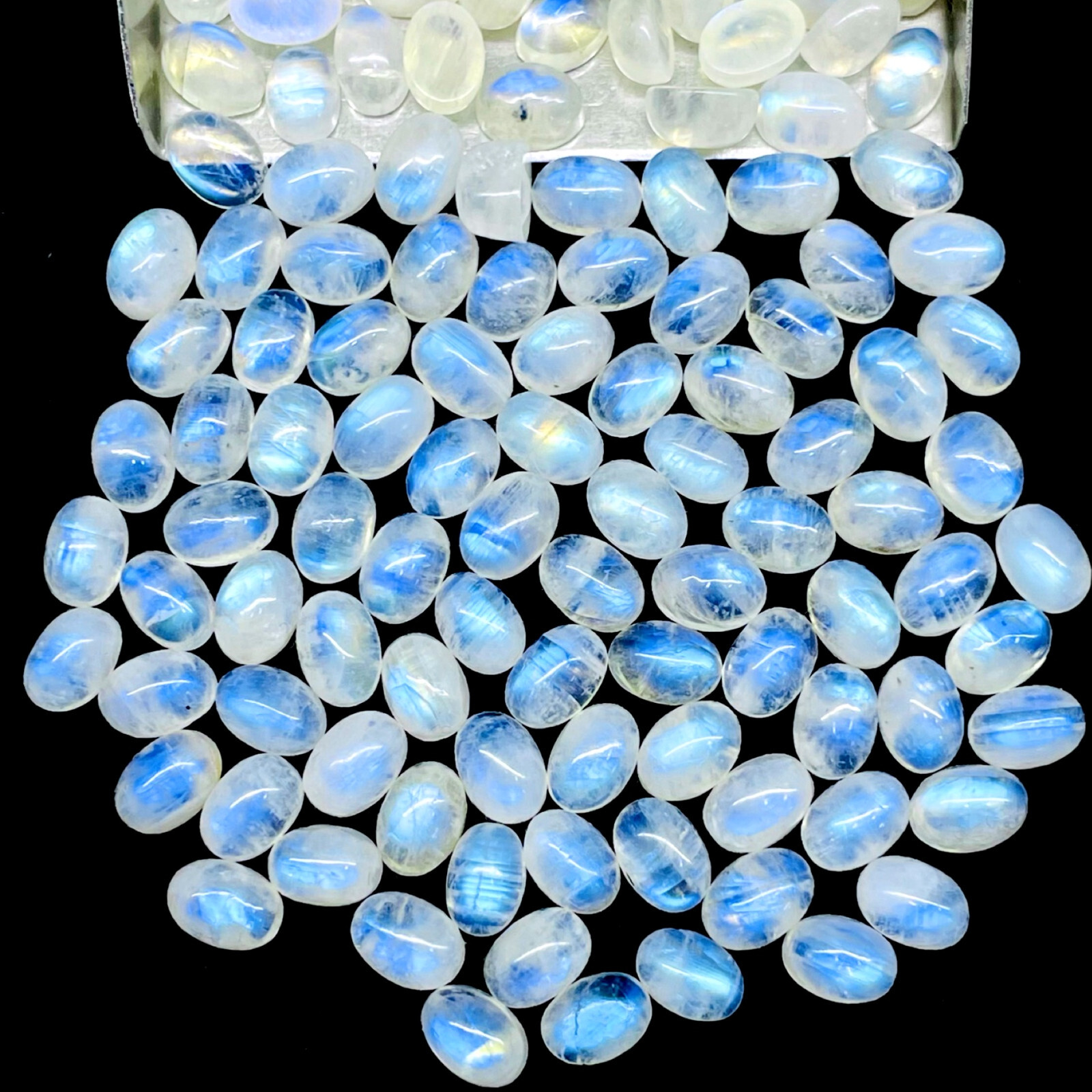 100 Pcs Natural Rainbow Moonstone 7x5mm Oval Loose Cabochon Gemstones Lot