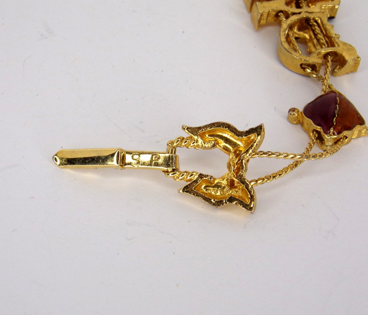 Vintage Christmas Gold Tone Signed S.P. Enamel Nutcracker Ornaments Bracelet