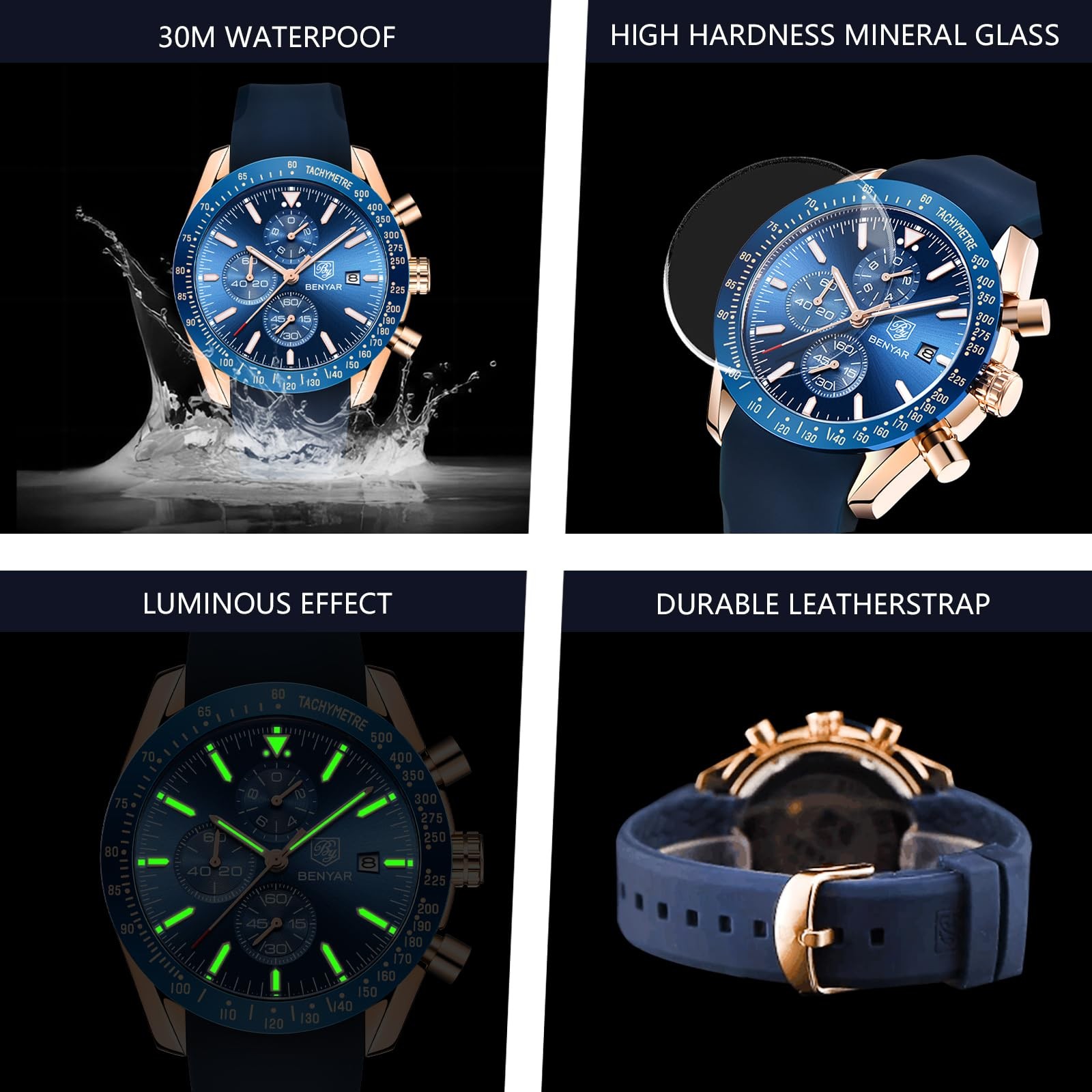 Classic Fashion Quartz Chronograph Watch Casual Sport 30M Waterproof Leather …
