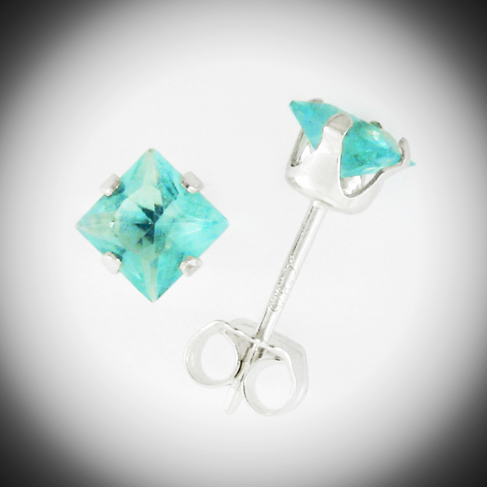 4mm Square CZ Aquamarine Blue Post Earrings in SOLID 925 Sterling Silver – NEW!