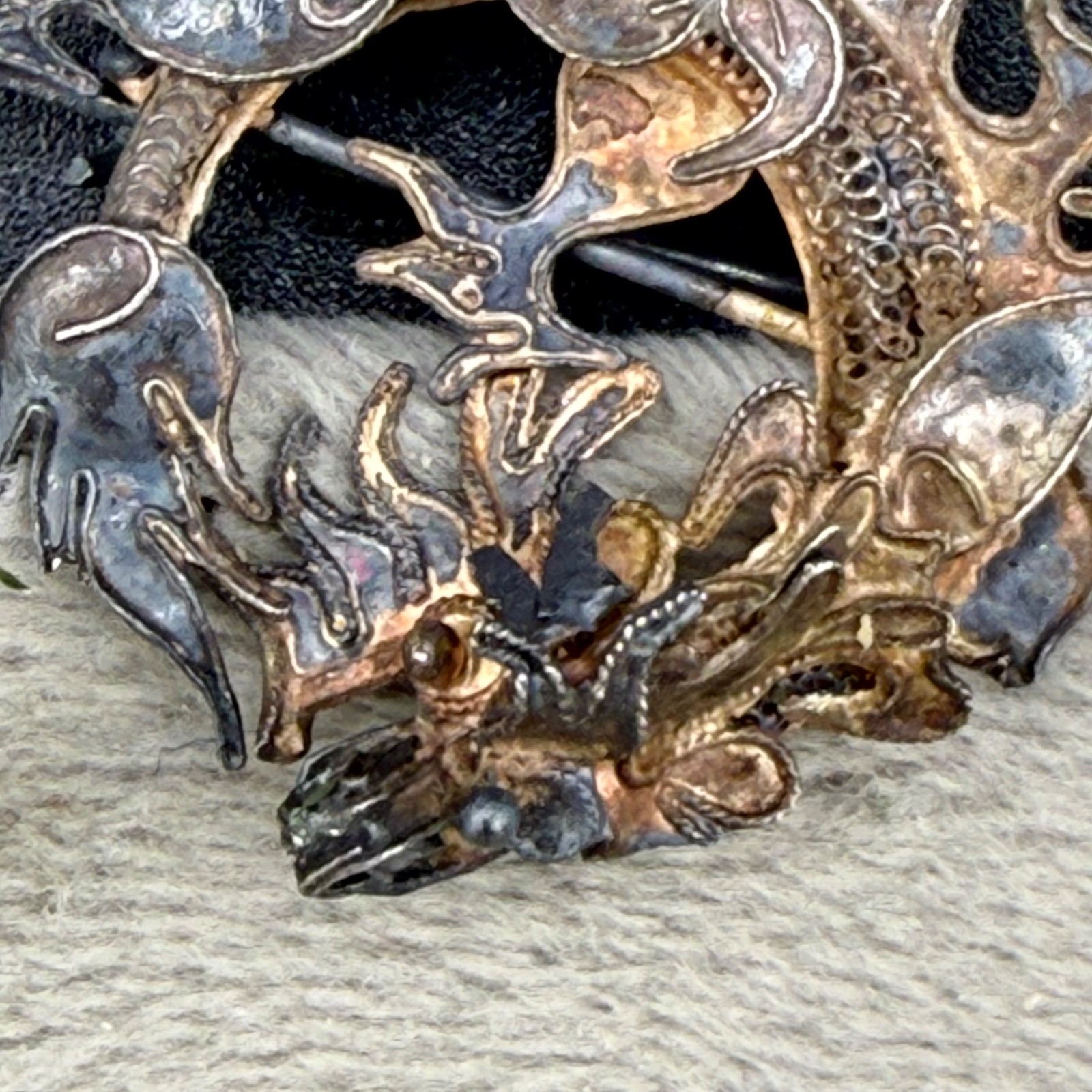 Vintage Chinese Export Brooch Silver Tone Fish Sea Dragon