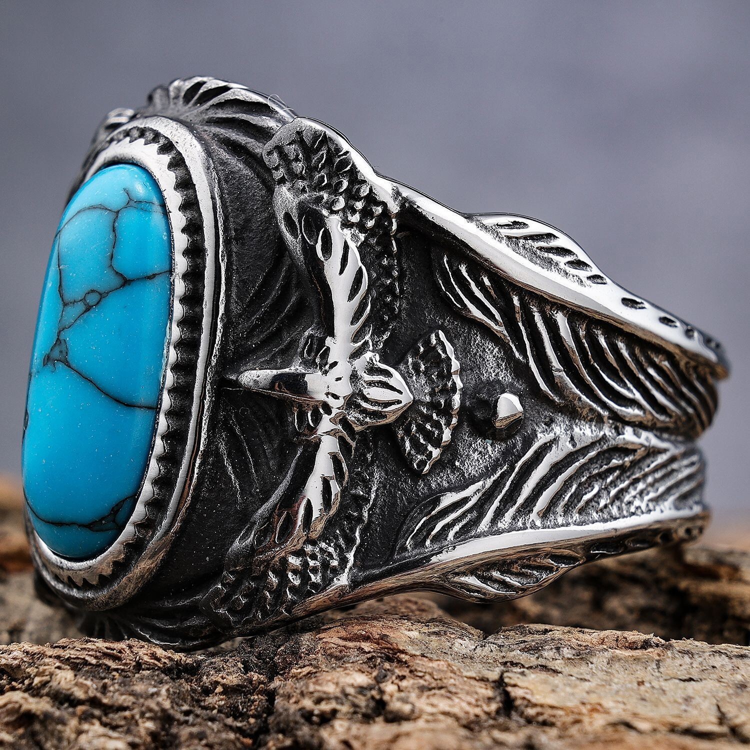 Mens Large Biker Eagle Turquoise Stone Ring Men Stainless Steel Size 7-15