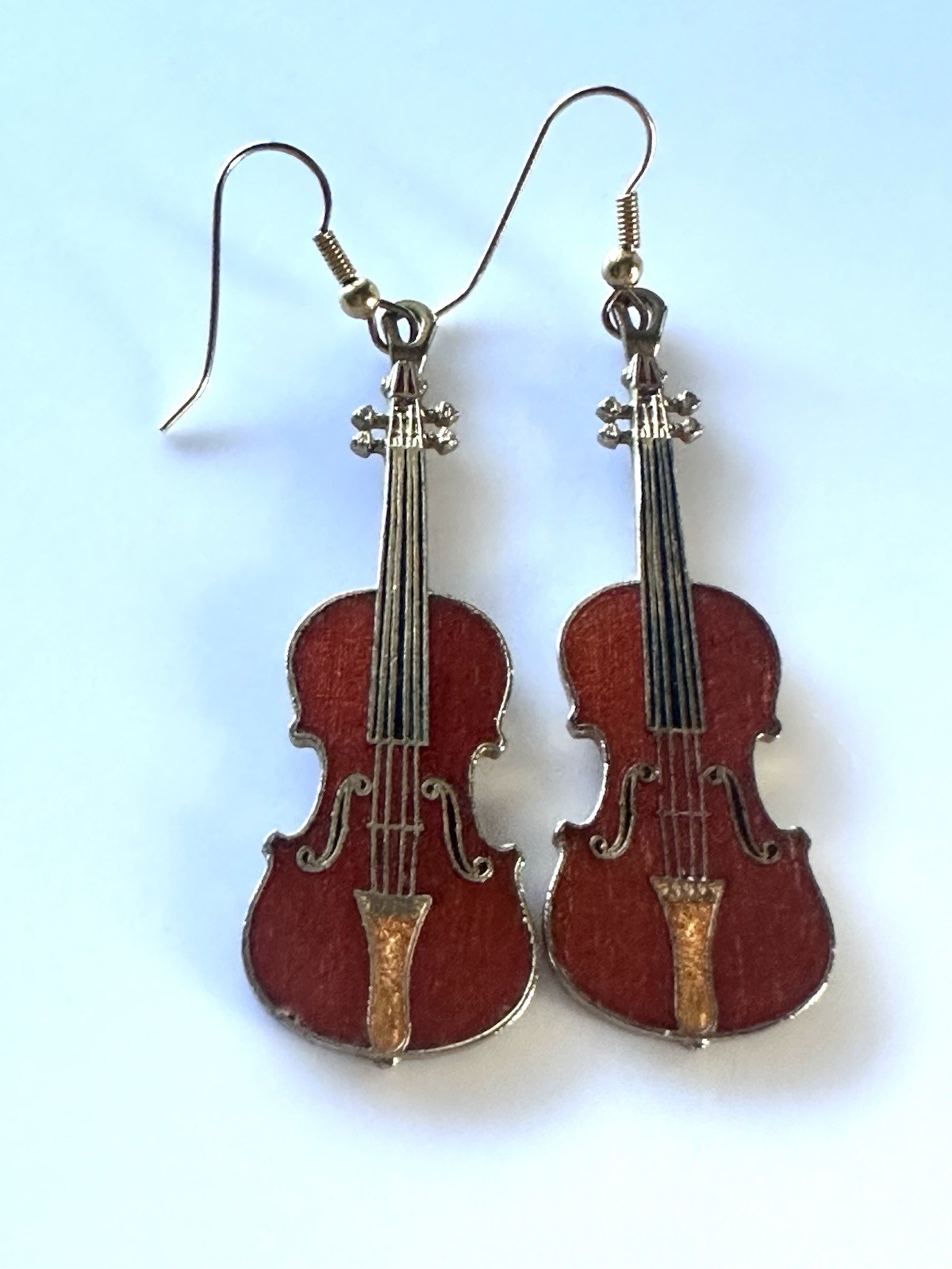 Vintage Future Primitive Violin Earrings Enamel Red Fiddle Musician Dangle
