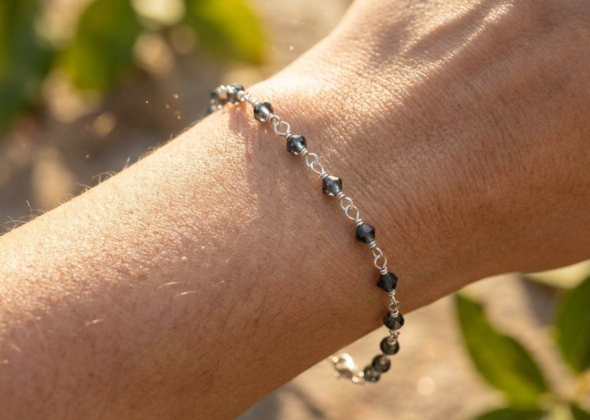 Chic Black Bead Boho Bracelet | Silver Tone Brass Chain Designer Bracelet