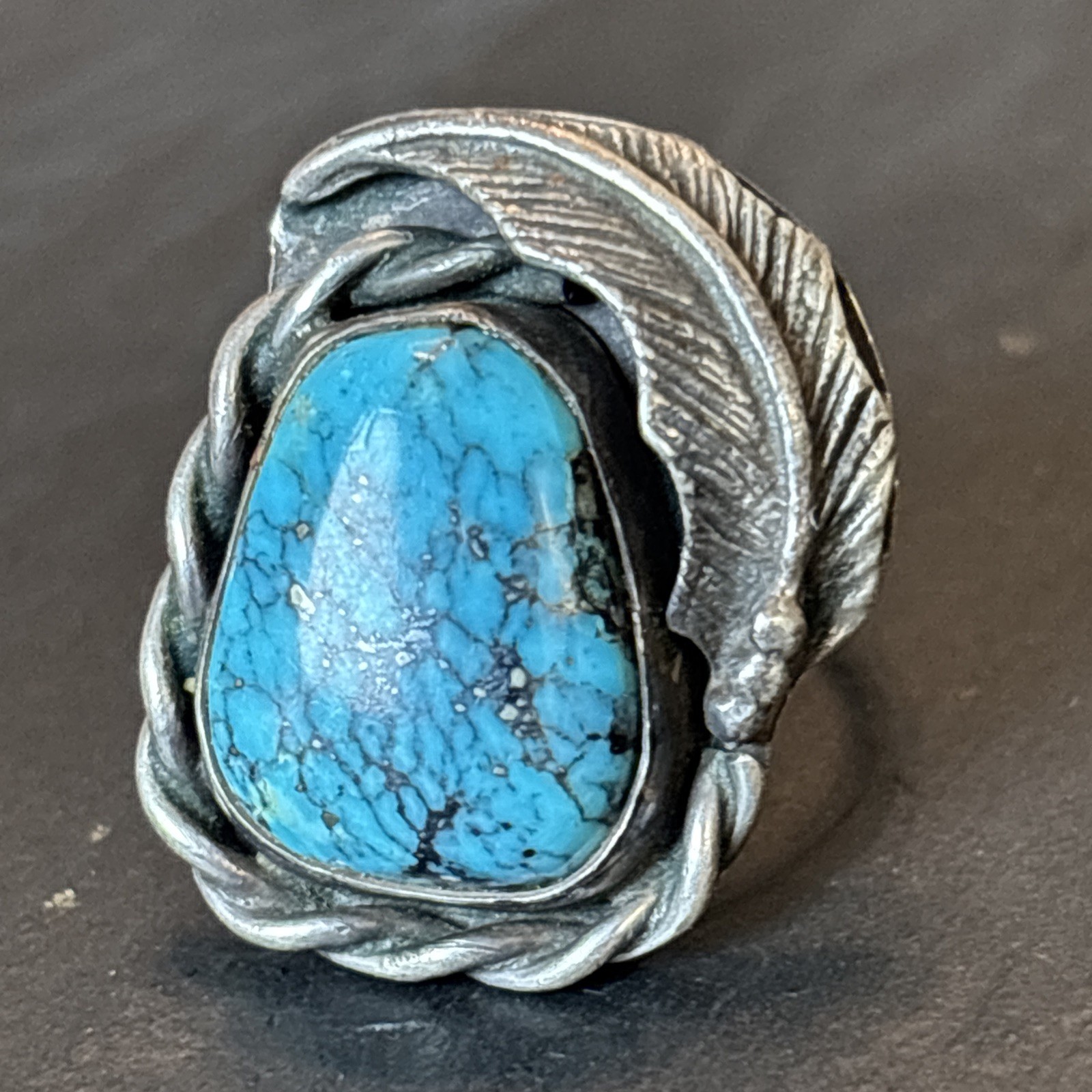 LY YL Navajo Vintage Ring Intense Turquoise Size 5.5 Sterling Silver