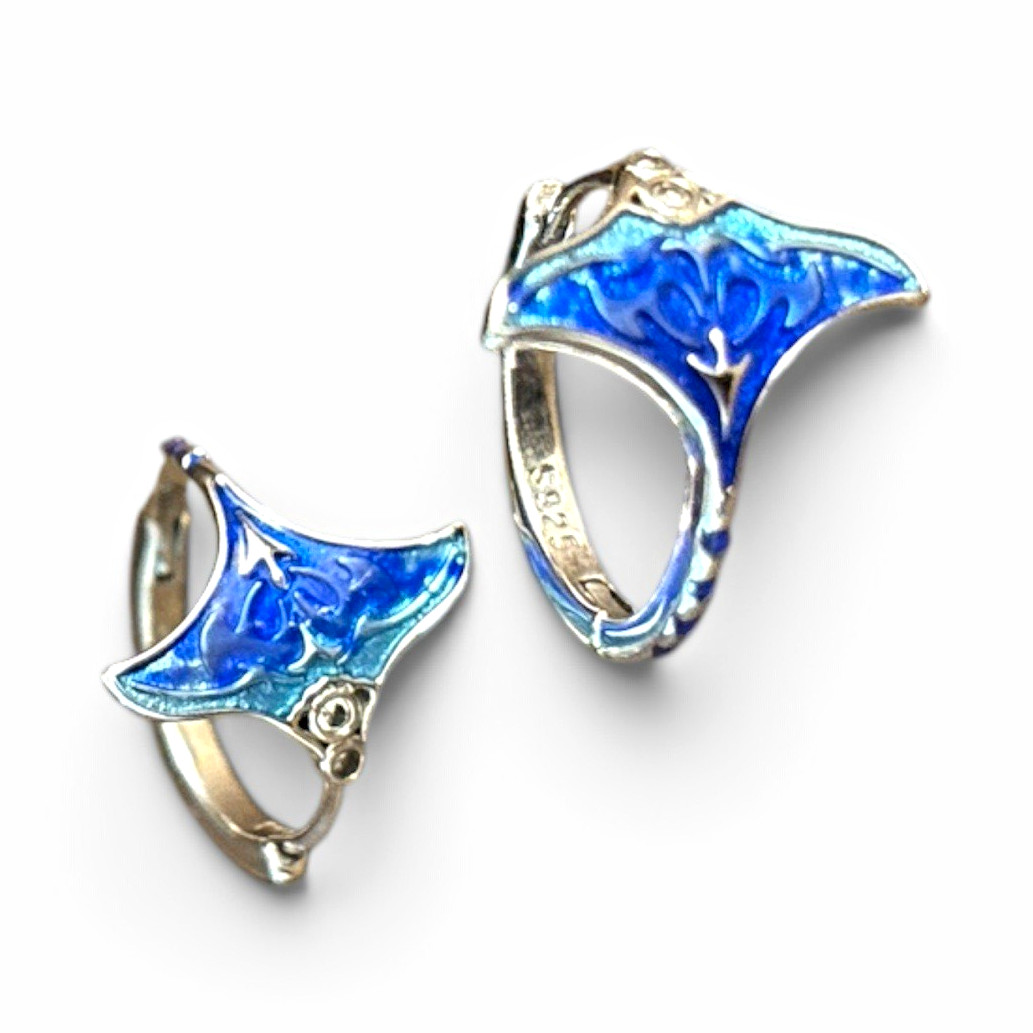 Blue/Silver Enamelled Manta Ray Huggie Hoop Earrings, Hinged Closure