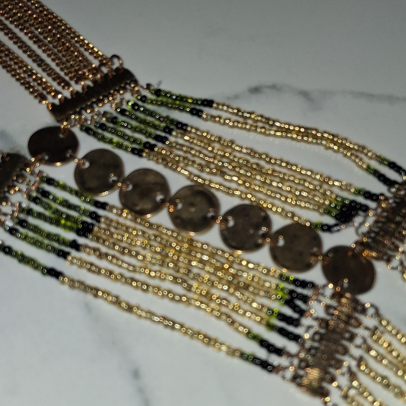 Gold Tone Multi-Strand Beaded Statement Necklace w/ Tassel Coin Dangle