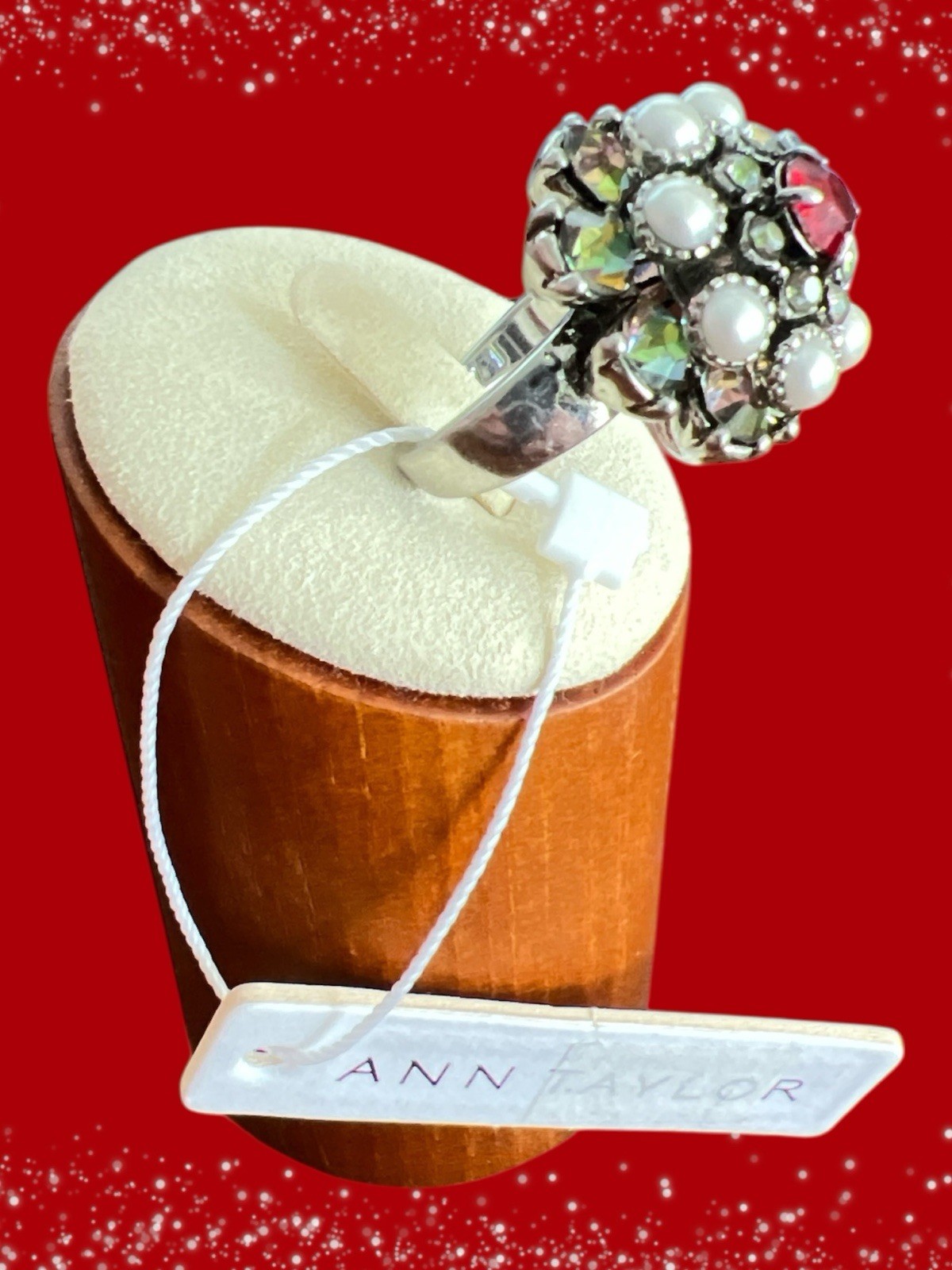 Ann Taylor Silver Tone/Red/Faux Pearls/AB Rhinestone Ring-Size 5-NWT