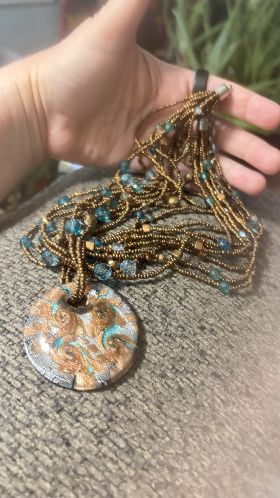 Boho Multi-Strand Bronze Beaded Necklace Swirl Glass Pendant Teal Accents