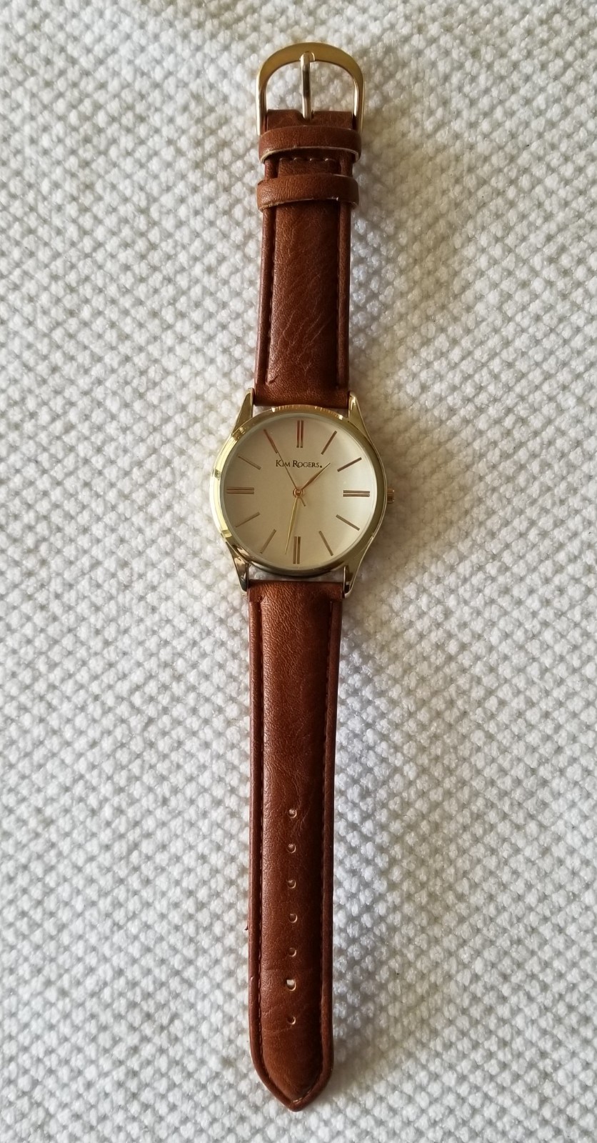 NWOT Kim Rogers Gold Tone Watch 17441 Brown Faux Leather Band 5.5″-7″ New Batt.