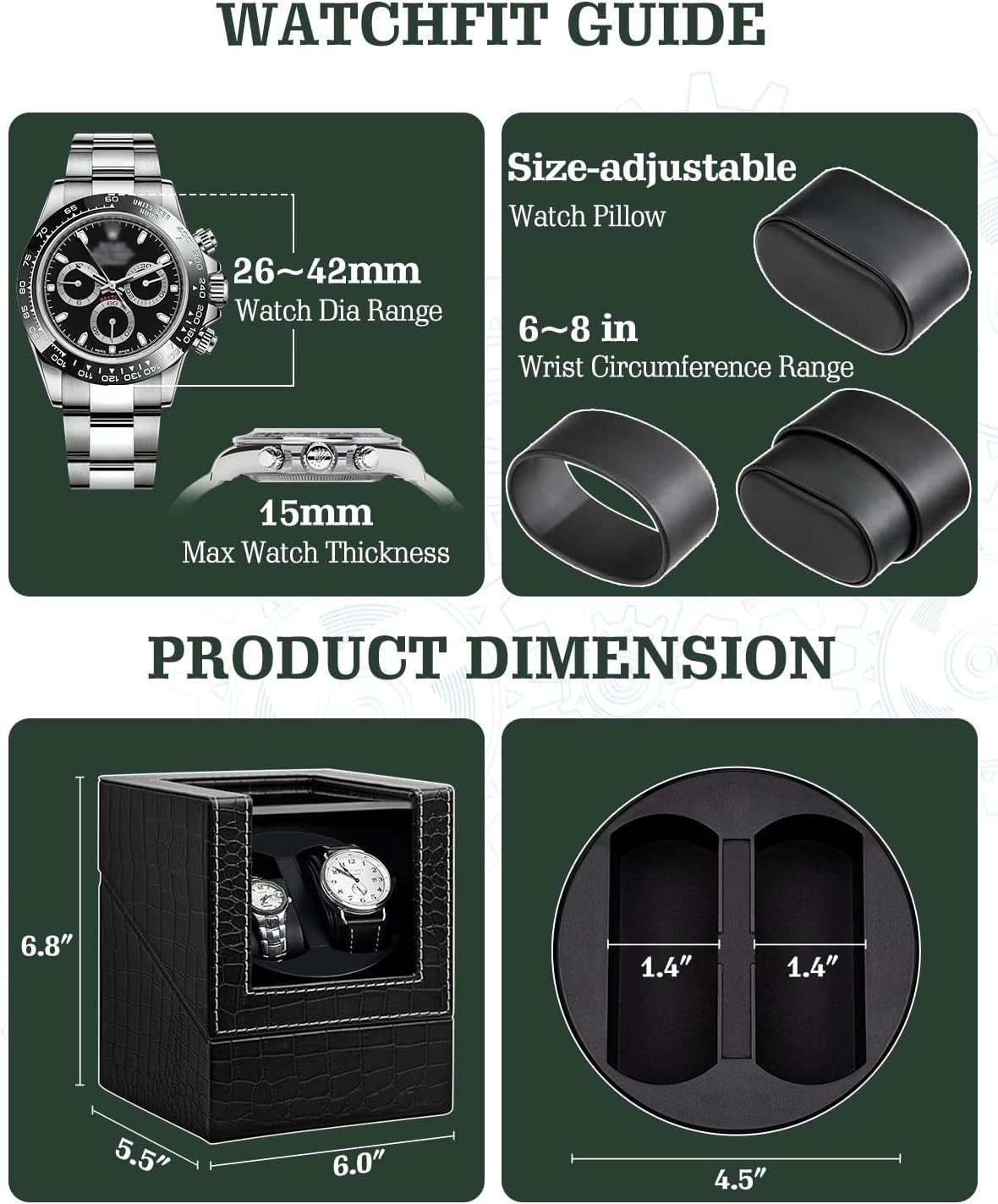 Automatic Double Watch Winder Box Leather with Quiet Japanese Motor USB Power