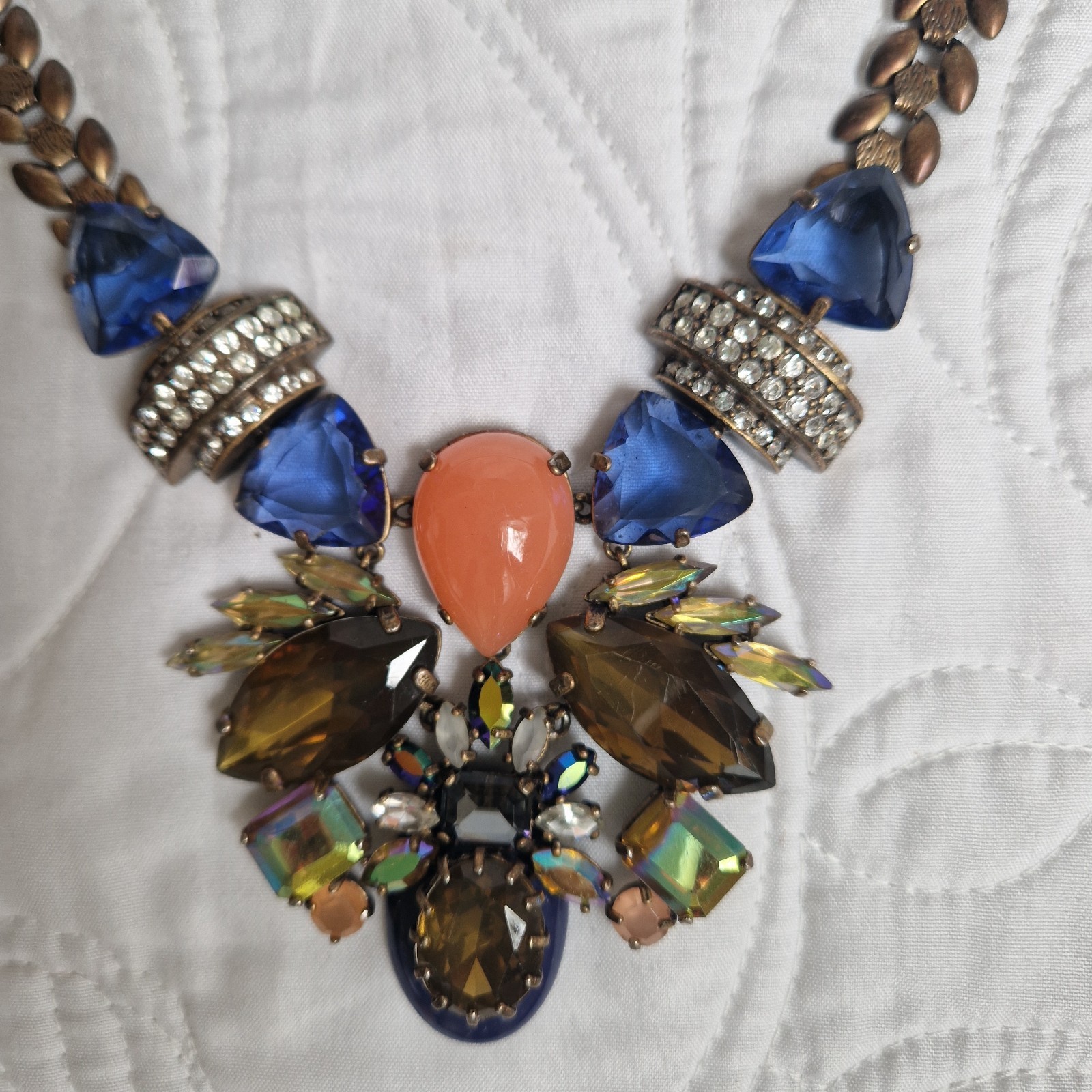 J.Crew Peach, Brown, and Royal Blue Jewel Rhinestone Statement Bib Necklace