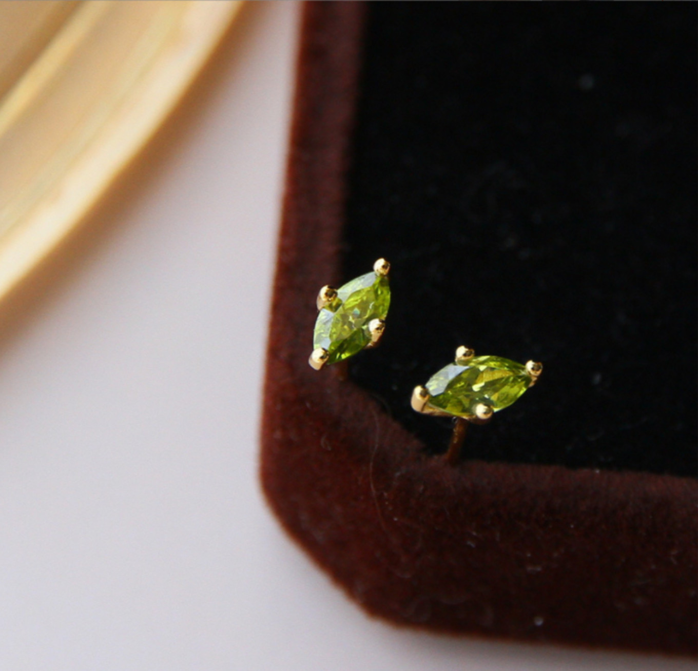 Gold Olive Green Marquise Cubic Zirconia Stud Earrings
