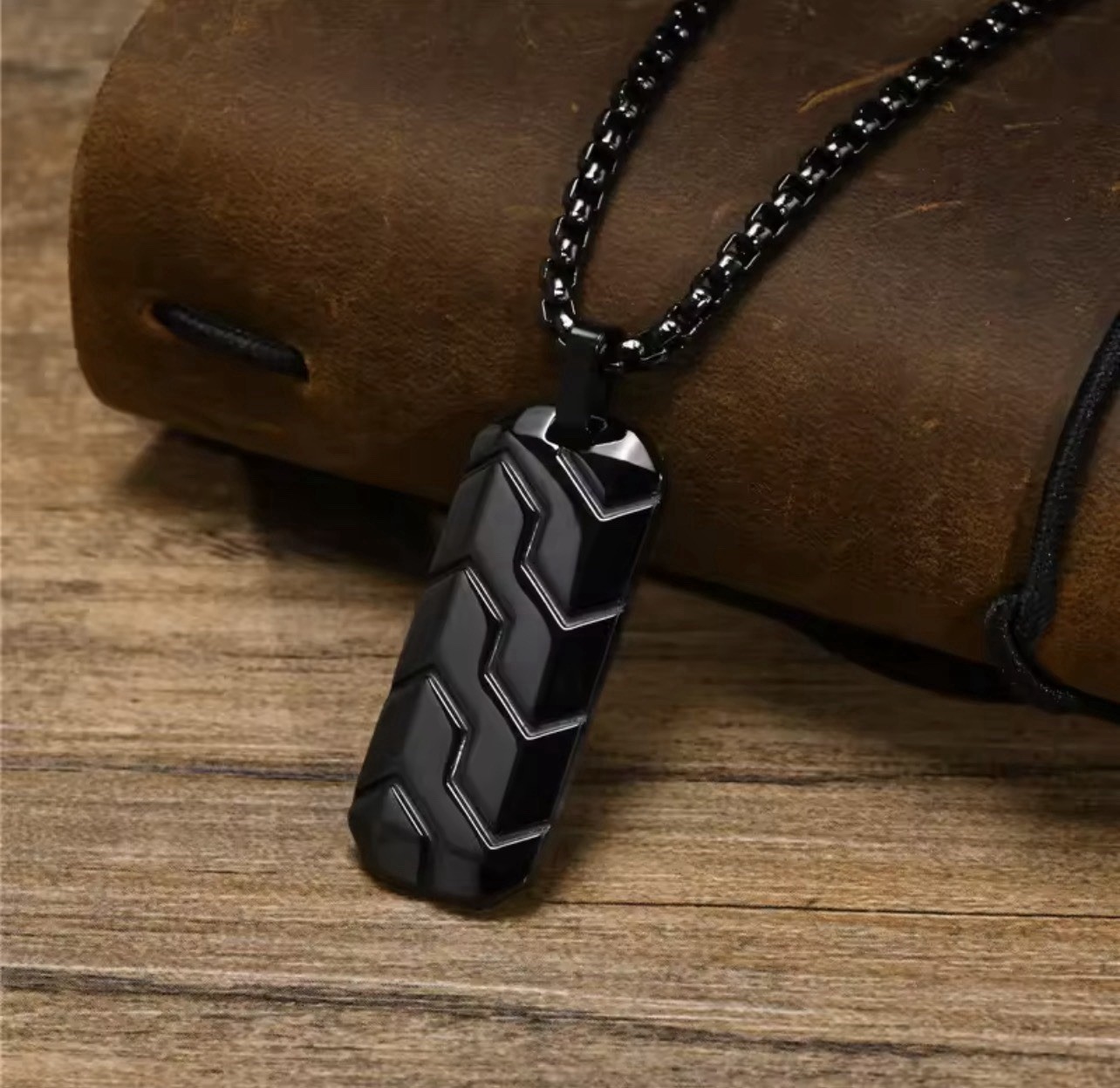 Men’s Black Stainless Steel Rectangle Bar Pendant Curb Link Chain Necklace, 60cm