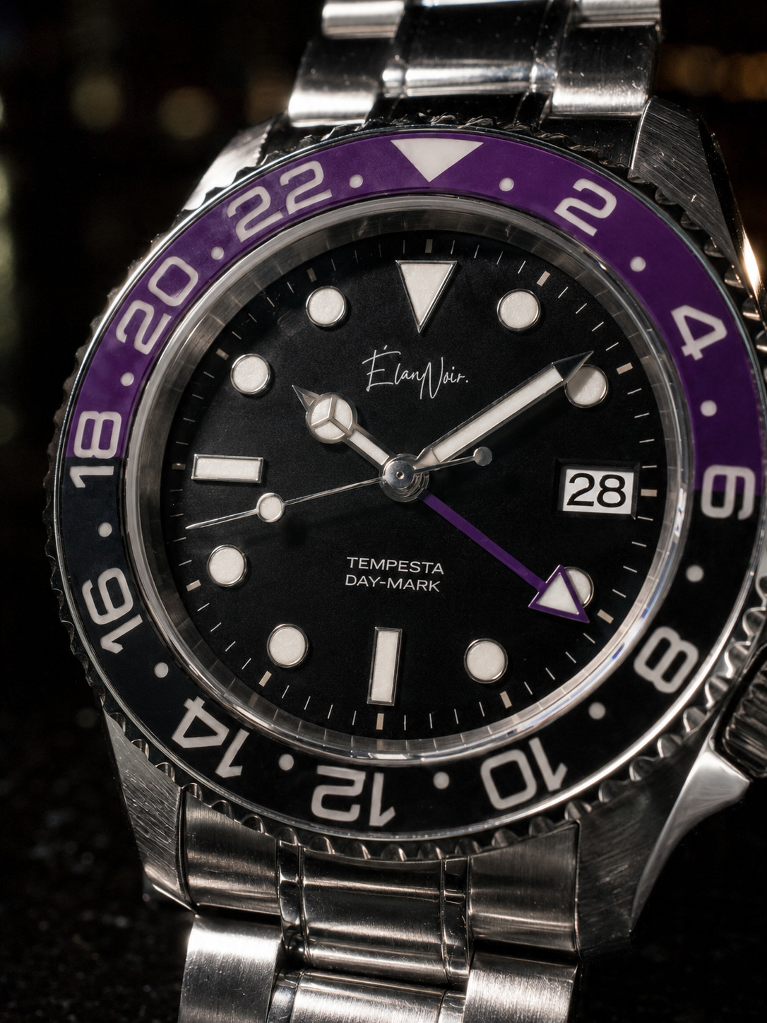 Custom Élan Noir Tempesta GMT Automatic Watch 41mm Steel Black Dial Purple Bezel