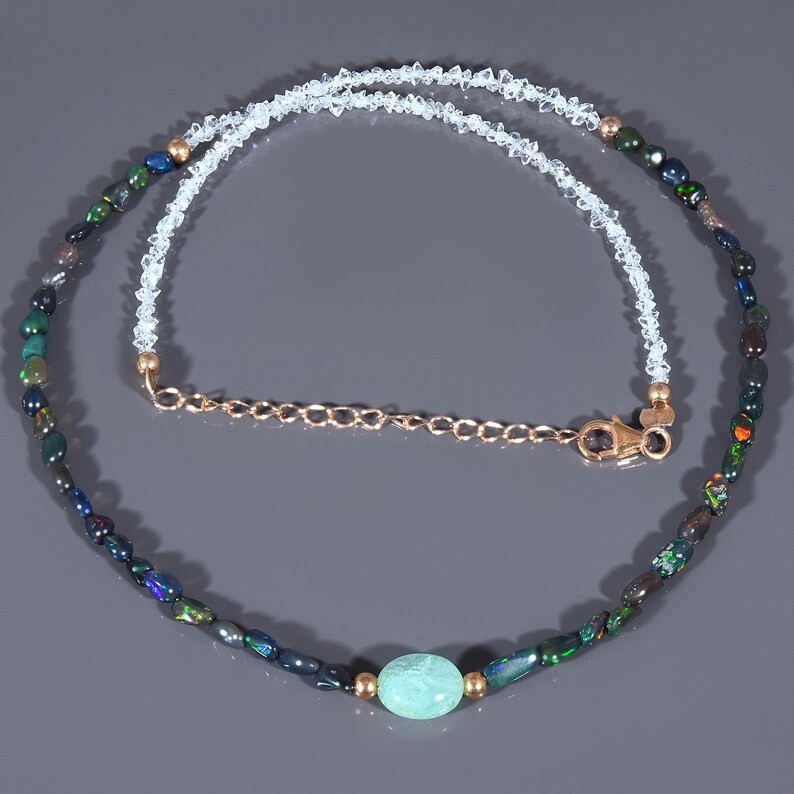 Natural Black Opal Herkimer Diamond Necklace 925 Sterling Silver Handmade Boho