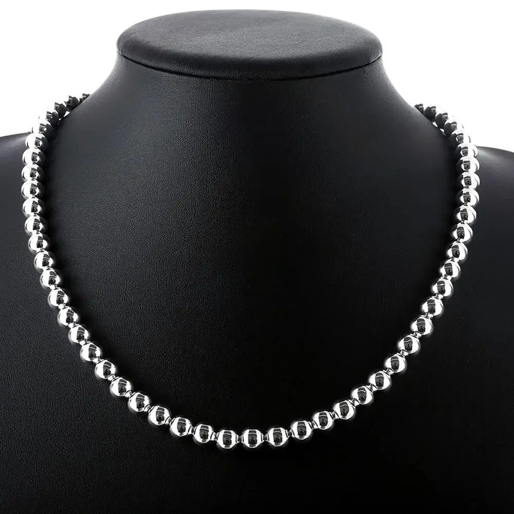 925 Sterling Silver 8MM Smooth Hollow Beaded Ball Bracelet Necklace Jewelry Set