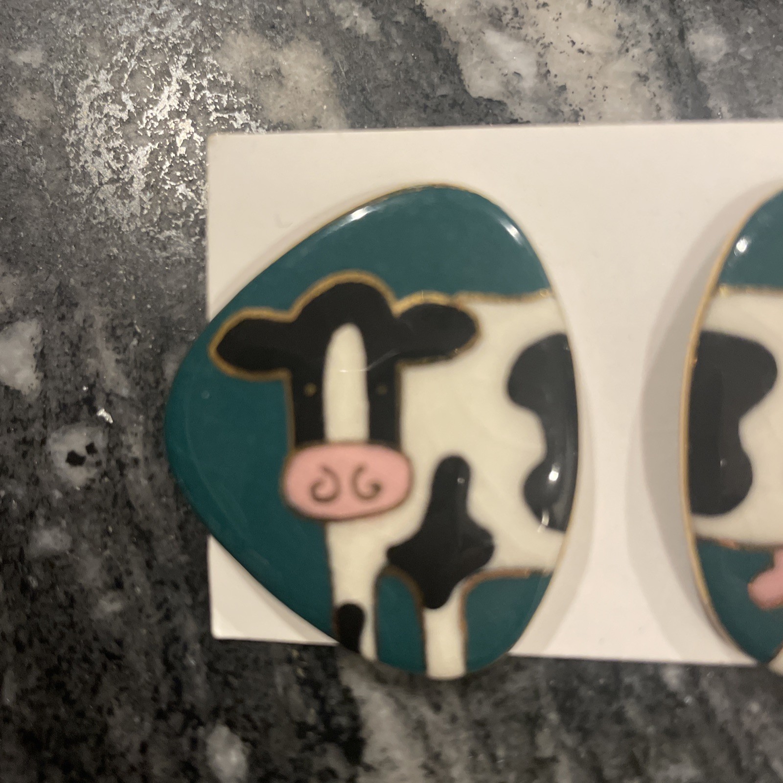 Vintage Ceramic Enamel Cow Front And Rear Post Earrings Gold Trim