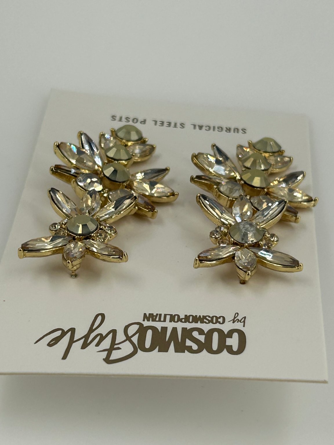 CosmoStyle Floral Drop Earrings 2.25in Gold Tone Clear Crystals
