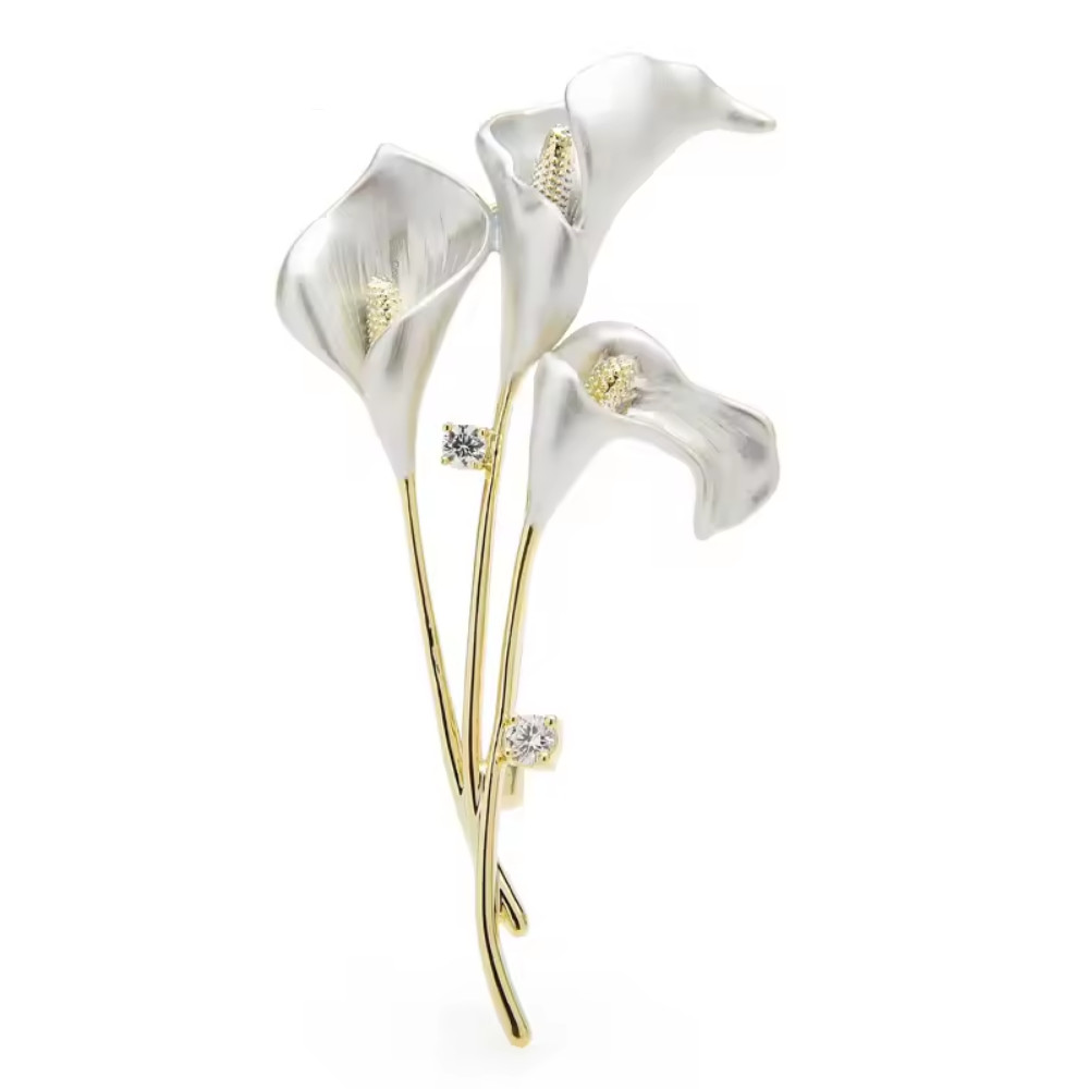 Sparkly Rhinestone White Lily Flower Brooch Pin – Gold Spring Summer JewelryGift