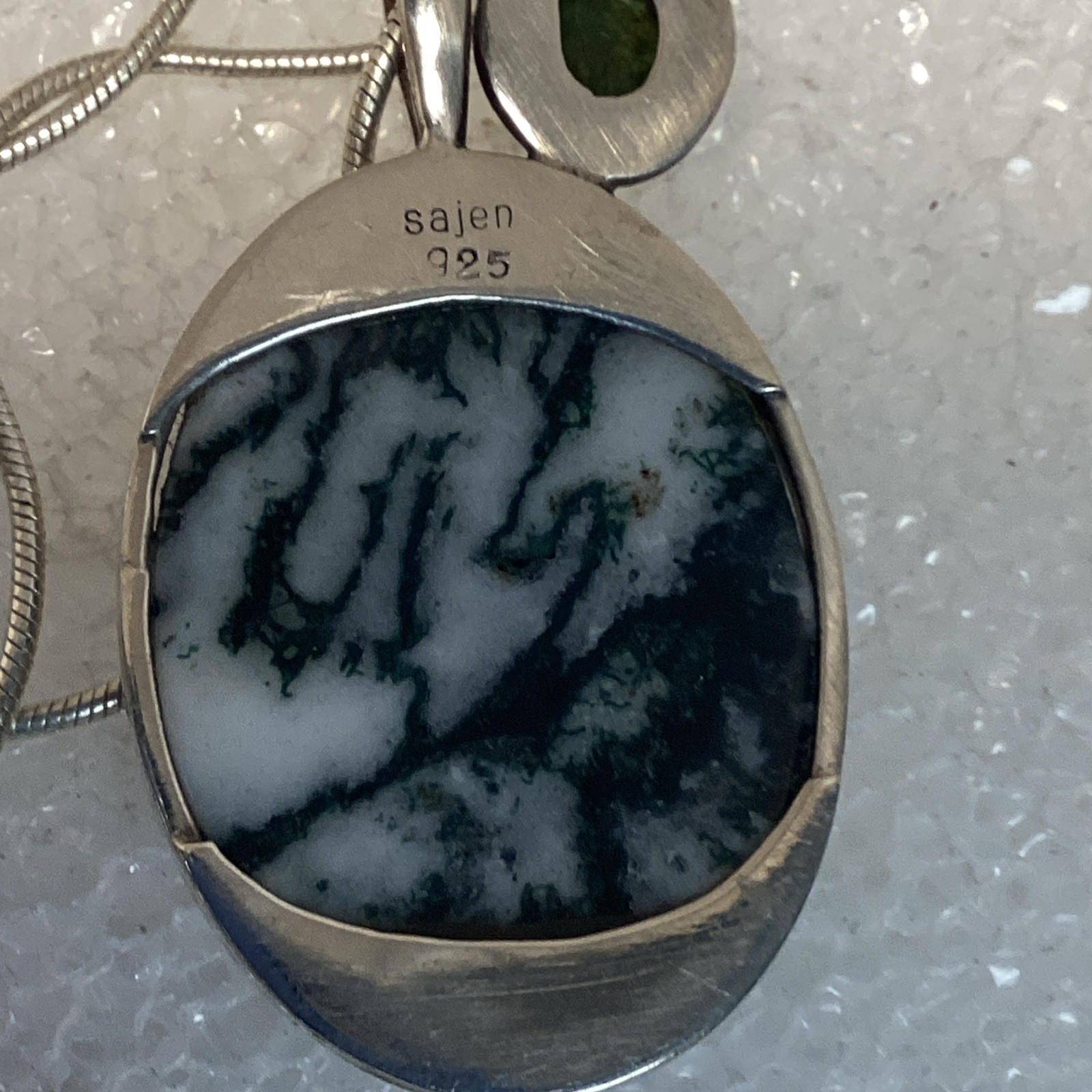 Sajen Pendant Sterling Silver Tree Agate & Jade On Snake Chain