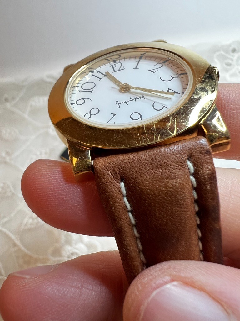 Vintage Jacques Farel Gold Toned Case White Dial Leather Band DD