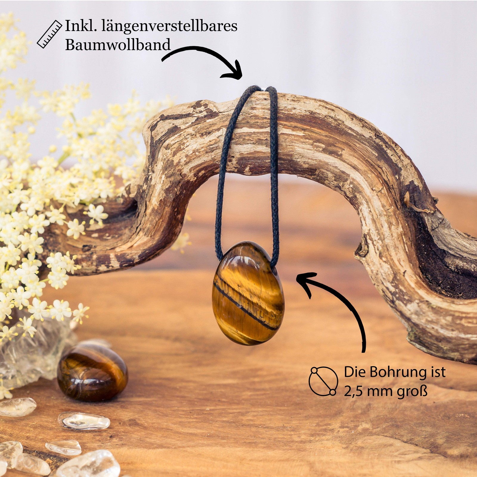 Tiger Eye Drop Pendant with Cotton Band Drilled | Gemstone Jewellery