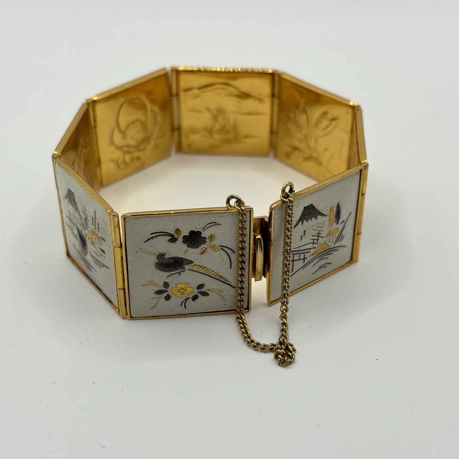 Vintage Amita Japan Damascene Panel Bracelet Gold Tone Scenic Floral Bird Motif