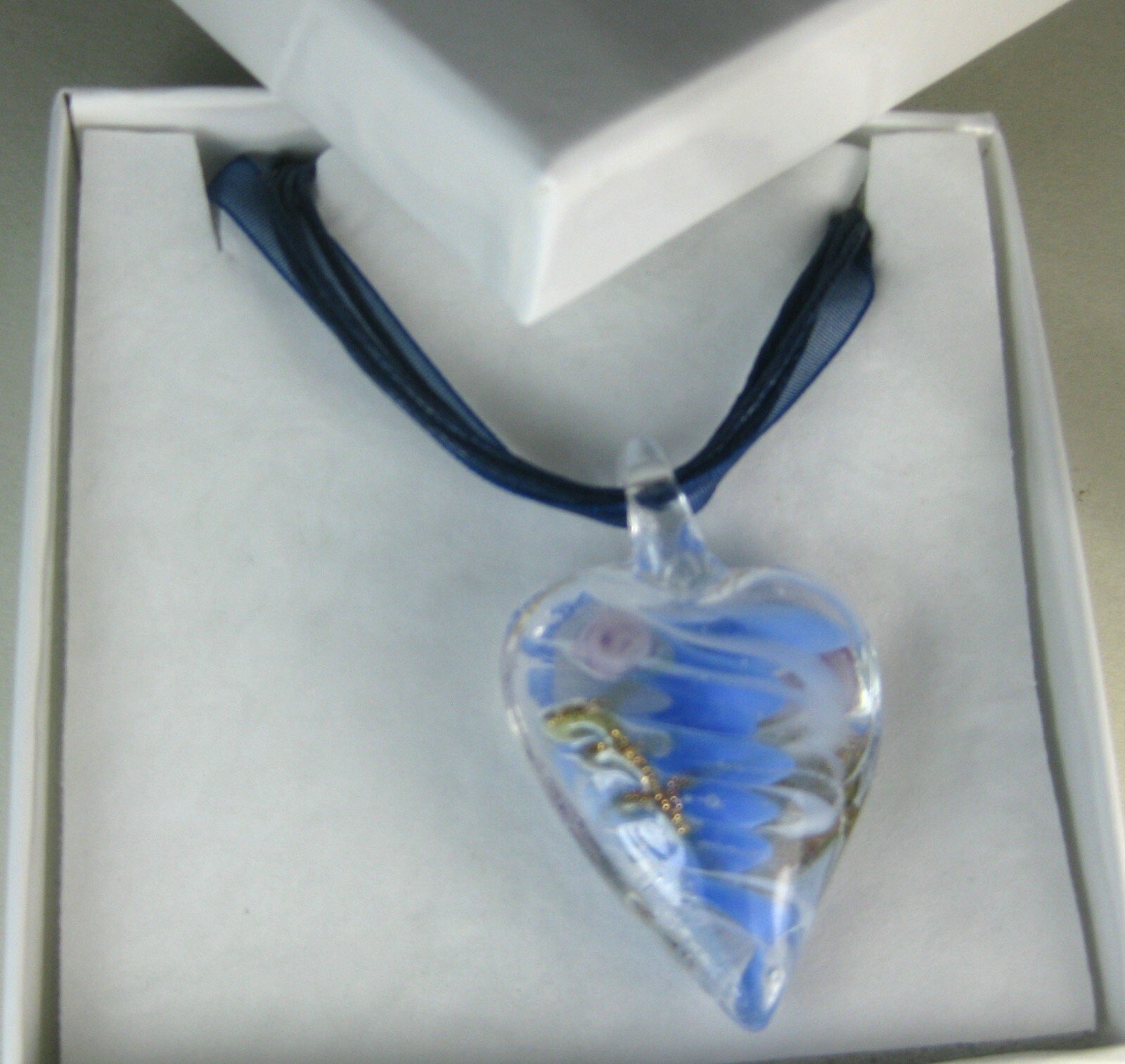 hand blown glass necklace pendant murano style art blue boxed H-1.8″ 