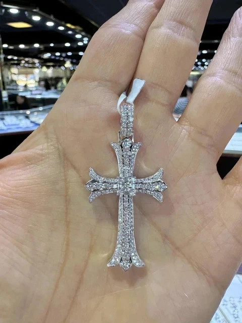 4Ct Round Cut Real Moissanite Mens Womens Cross Pendant in 14K White Gold Plated