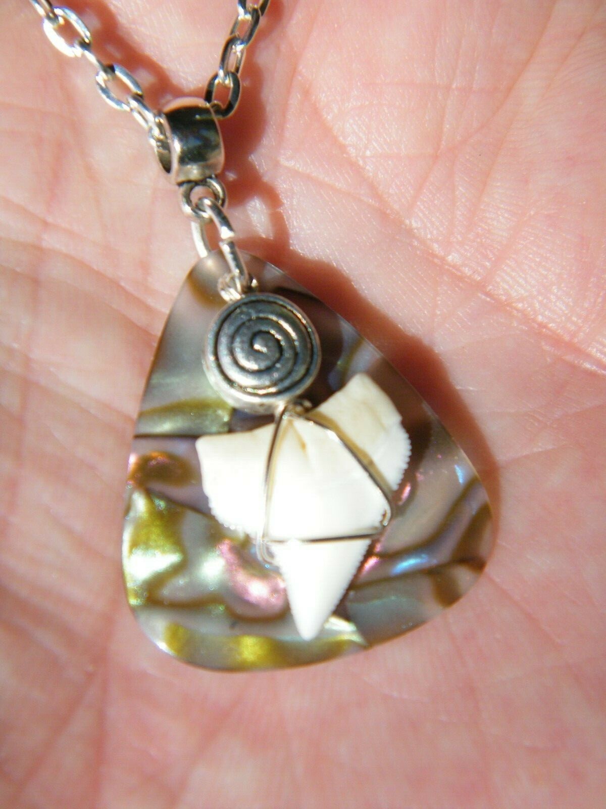 SHARK Fossil Tooth Necklace Real Teeth Faux Abalone Shell 23″ Silver Chain NEW!