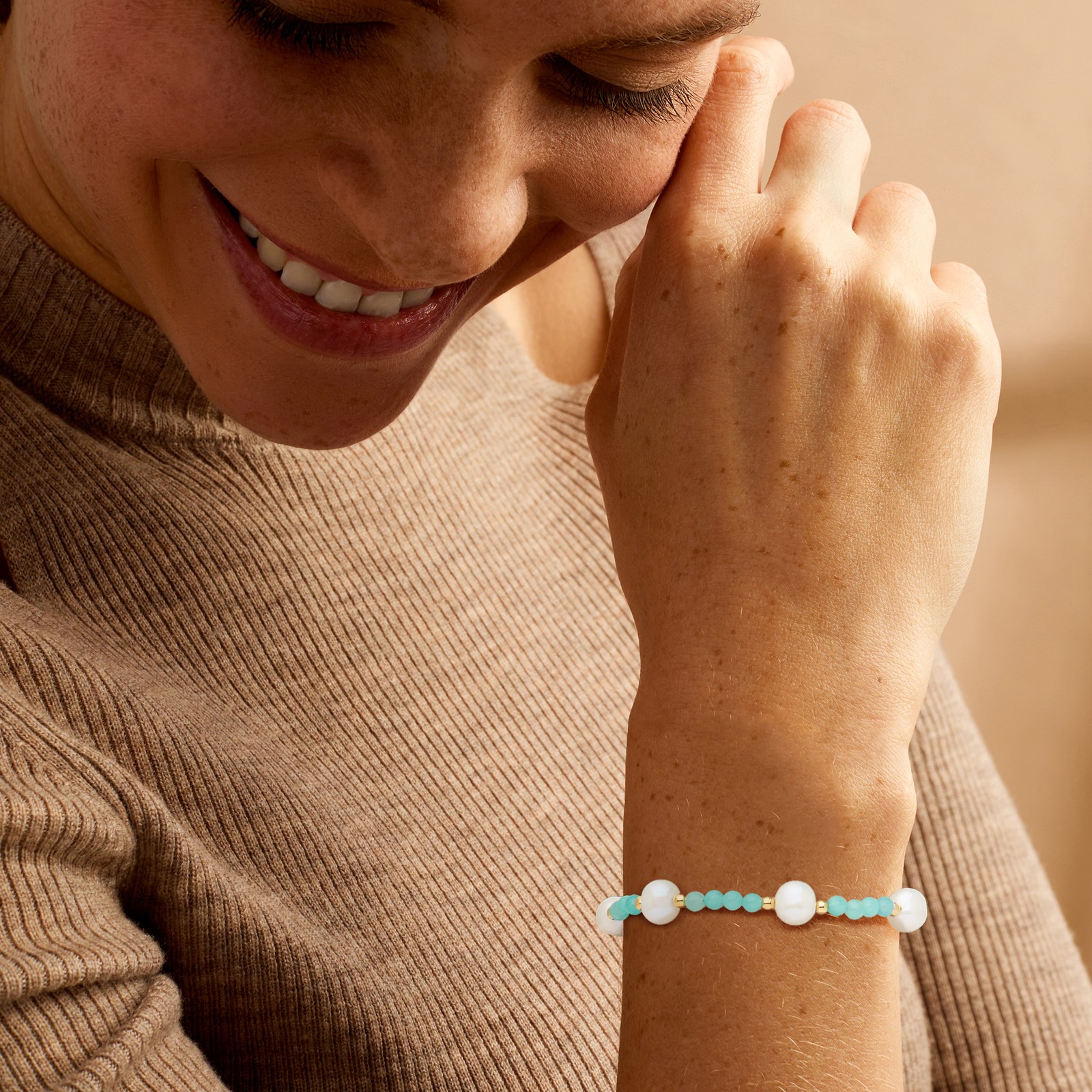 8-8.5mm Cult Prl & 4-4.5mm Amazonite Brclt in 18k Gold Plate 7 inches