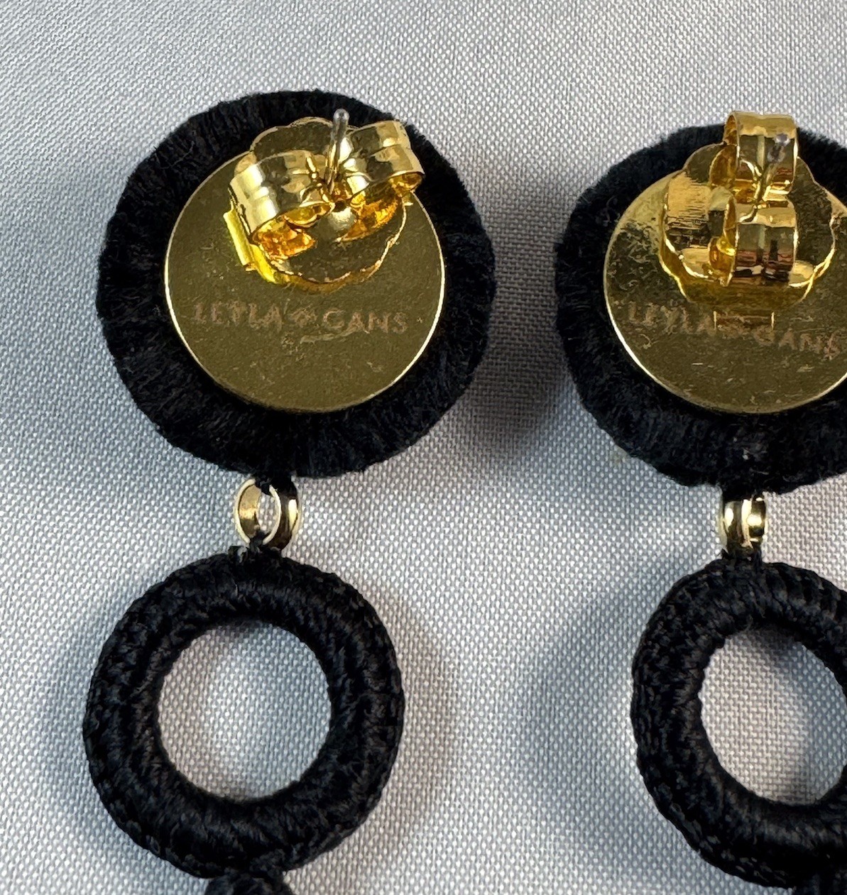 LEYLA GANS Gold Tone Amelie Wrapped Cord Drop Earrings ~ Black silk cord~Pierced
